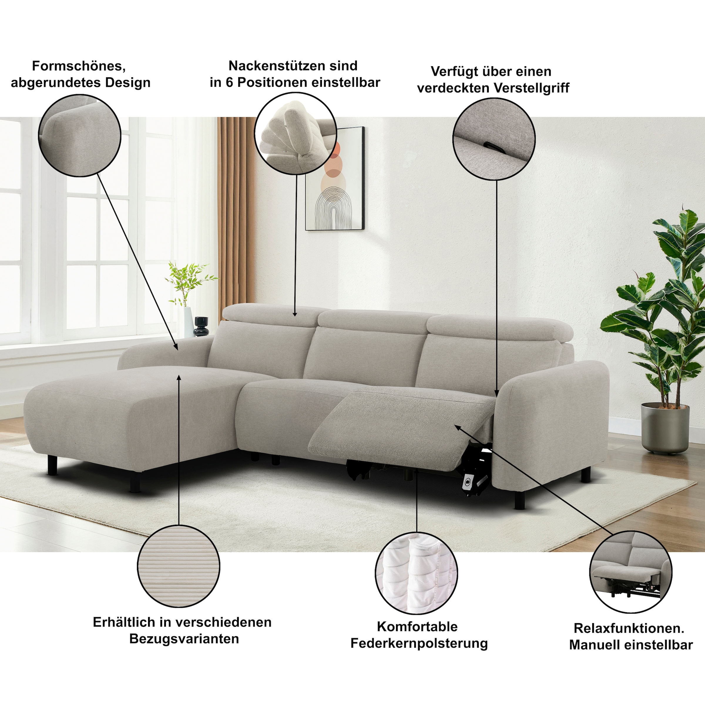 GOODproduct Ecksofa »SKAANE in Cord, L-Form, 274 cm, manuelle u. elektrische Relaxfunktion,« rundes Design, Kopfteilverstellung, Federkernpolsterung