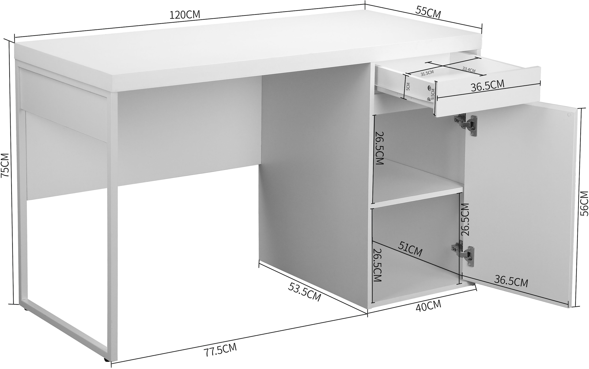 INOSIGN Schreibtisch »Oakley« mit 45 mm starker Tischplatte,  Schublade, Metallkufe, spiegelverkehrt montierbar, Breite 120 cm