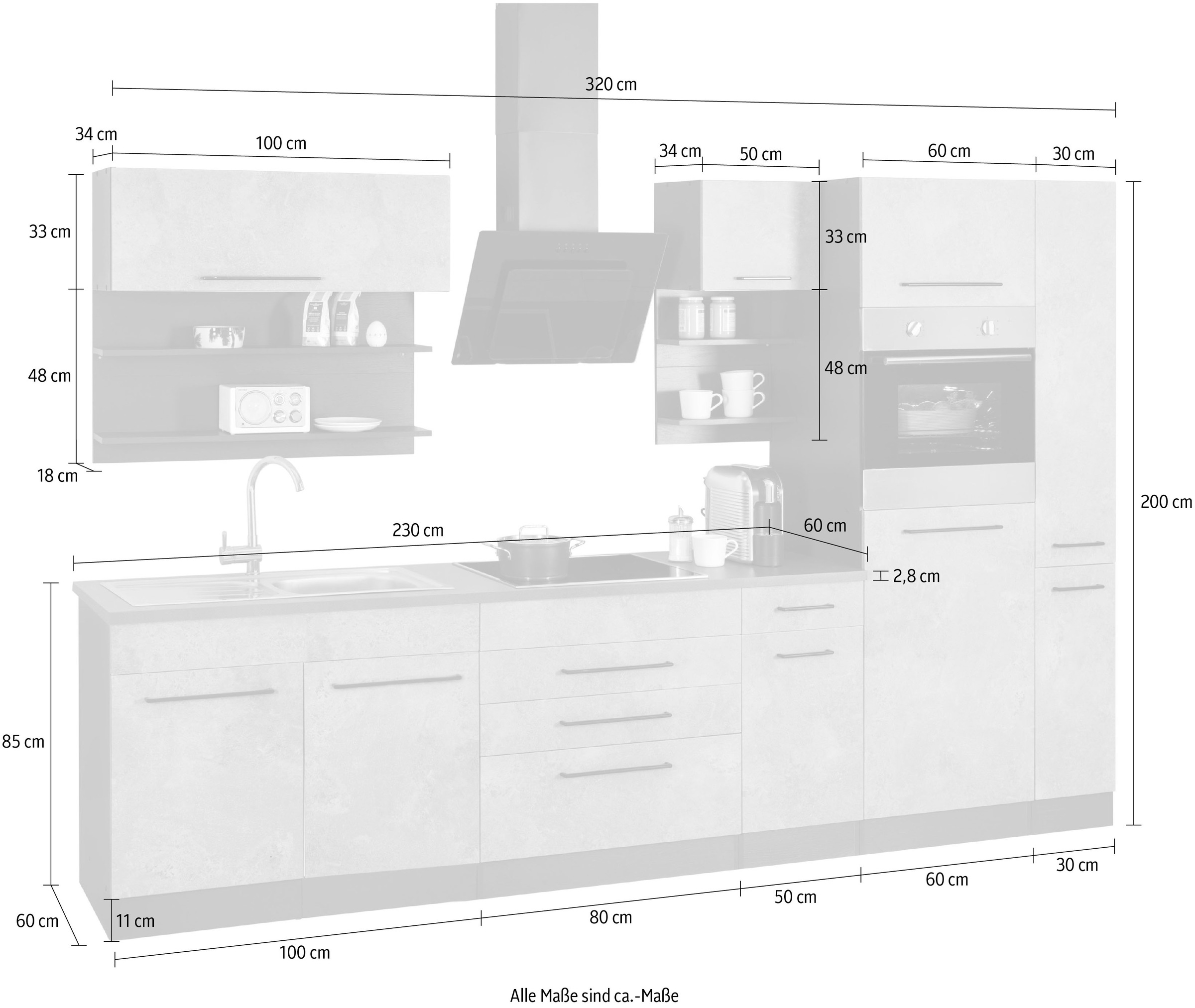 KOCHSTATION Kitchenette »KS-Tulsa« sans appareils électriques, largeur 320 cm, poignées métalliques noires, façades MDF