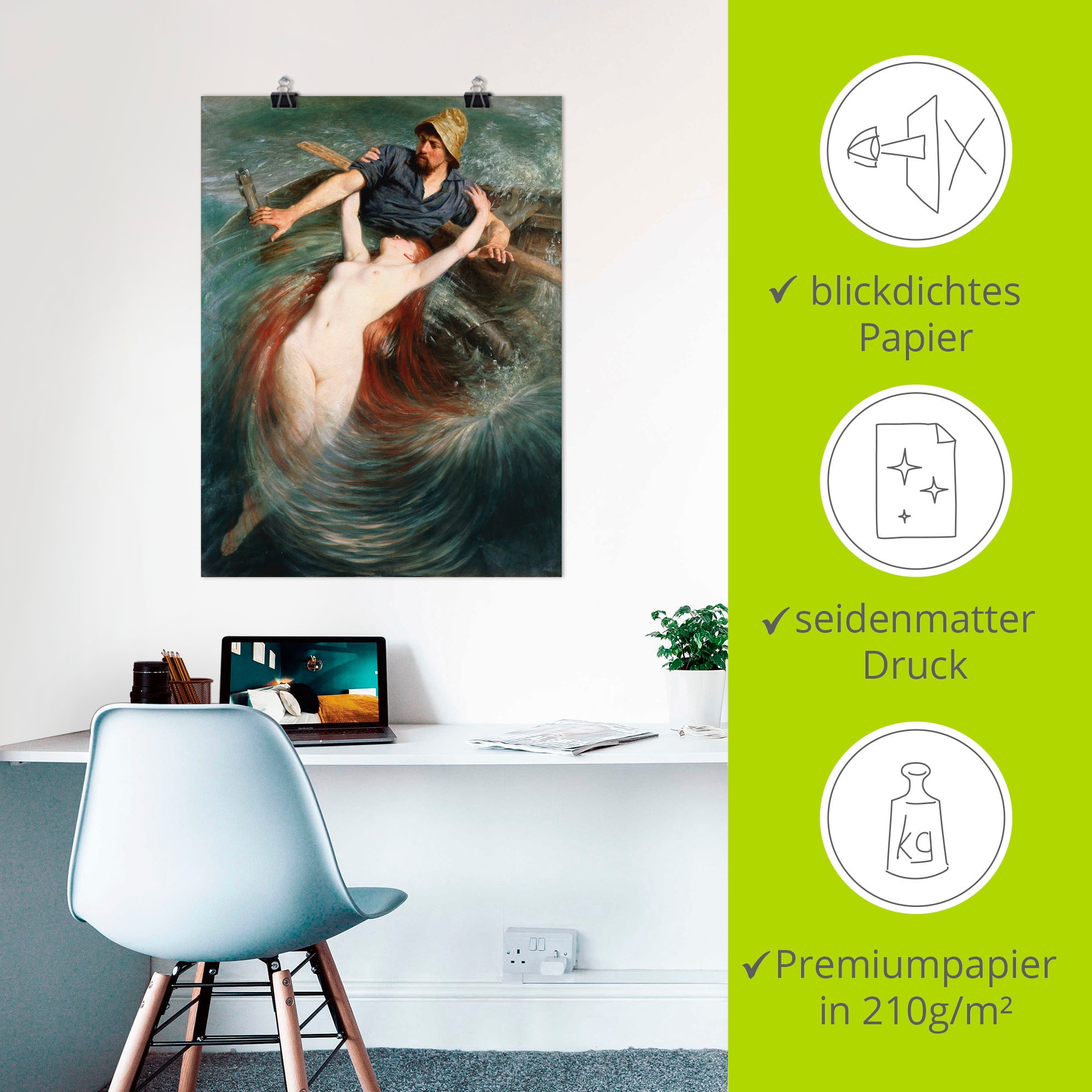 Artland Fresque murale »Ein Fischer in den Fängen einer Sirene.« 1 cuis tlg. als Leinwandbild, Poster in verschied. Grössen