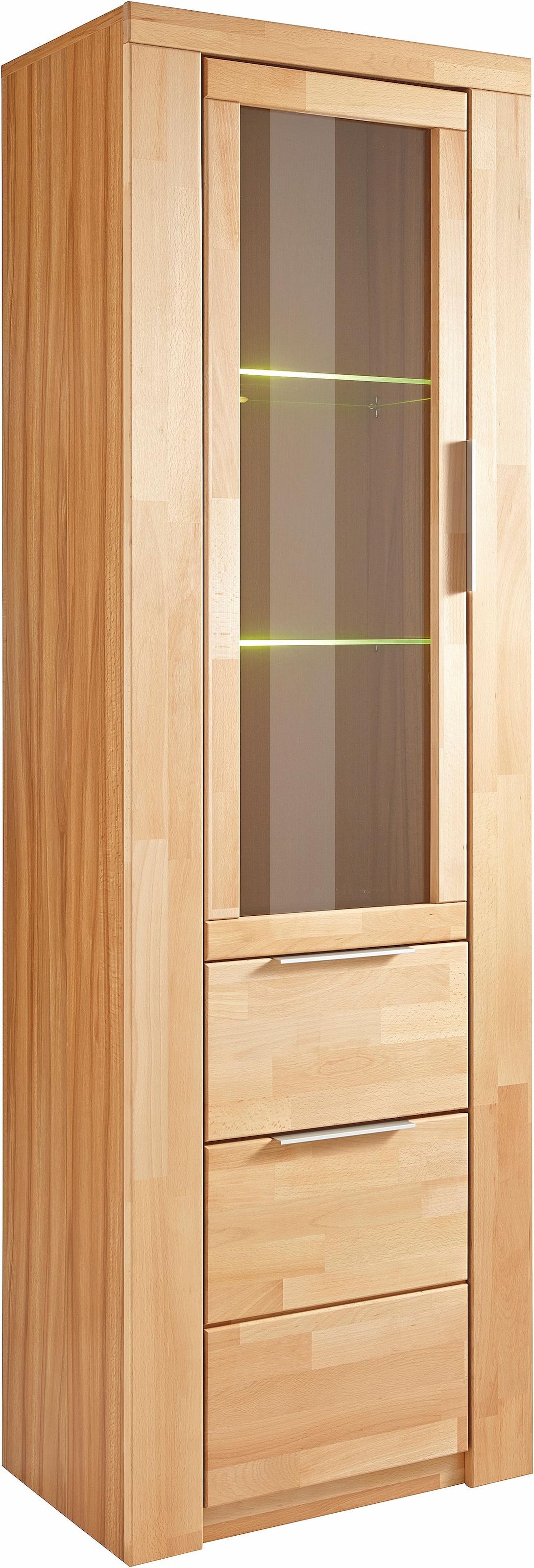 GOODproduct Vitrine »ZARA75, 2 Glasboden variabel, Türen L/R, 1 Schublade, Wohnzimmer« B/T/H:60/40/190cm,Front massivholz,5 Fächer,Griffe silberfarben, geölt