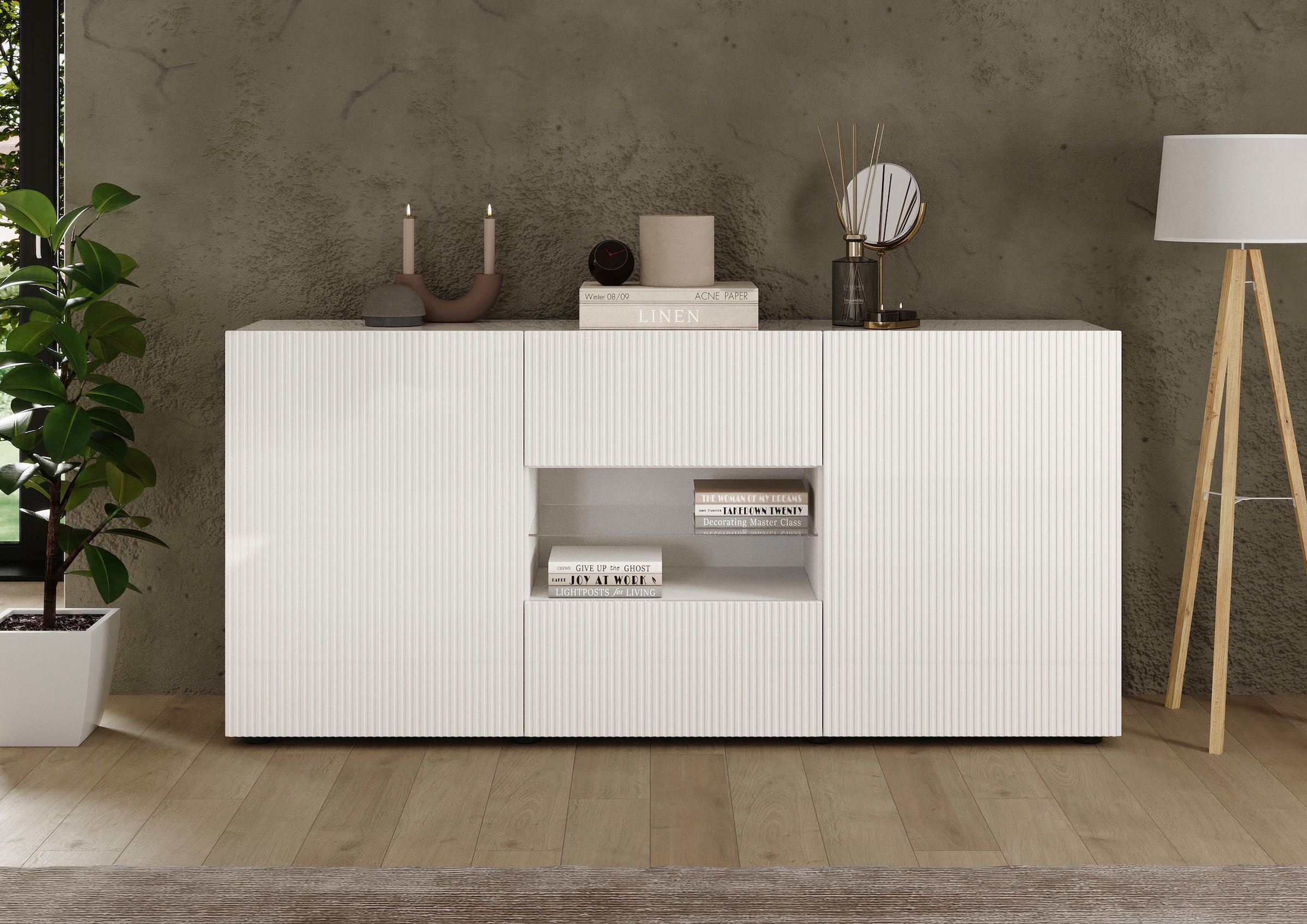 Home affaire Sideboard »Rio Breite 181 cm, Kommode mit 2 Türen u. 2 Schubkästen,« geriffelte MDF-Fronten, modern u. elegant, viel Stauraum