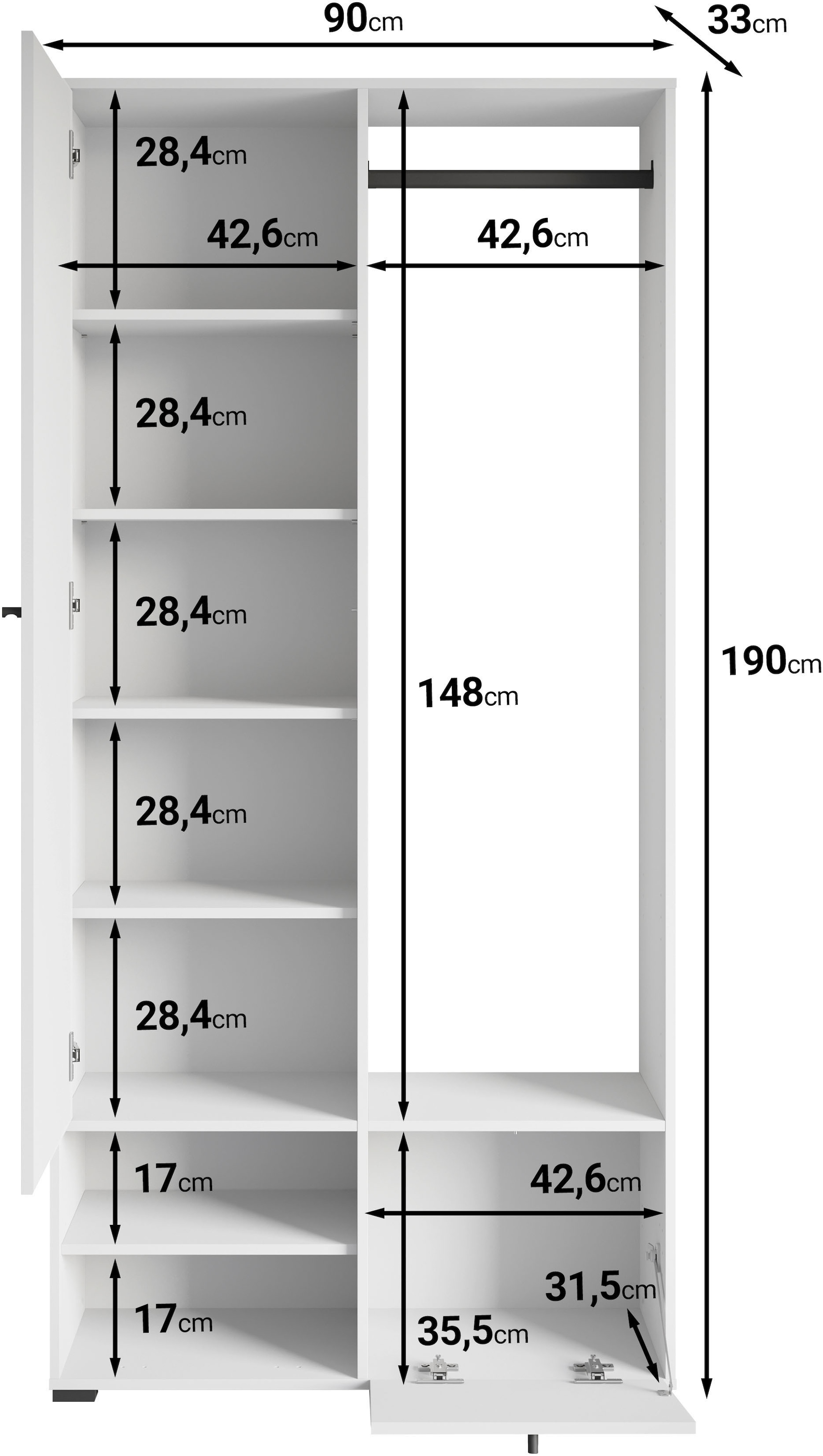 Home affaire Armoire vestiaire »DINO Kompaktgarderobe, Garderoben-Set DINO« Avec miroir et tringle à vêtements, largeur 90 cm, sens d'ouverture de la porte réversible
