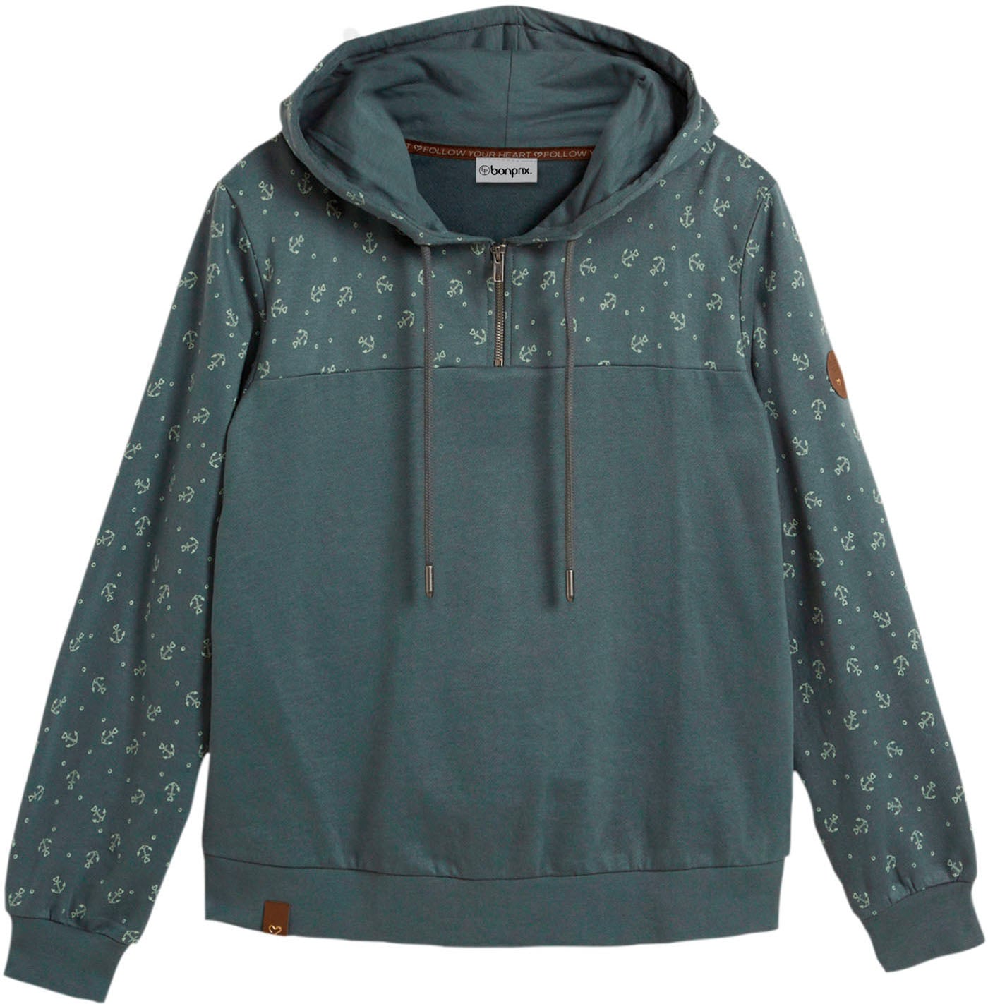 bonprix Hoodie »Kapuzensweatshirt mit Reissverschluss aus reiner Baumwolle«, lässig geschnittene Passform, mit maritimem Muster und Anker-Motiven
