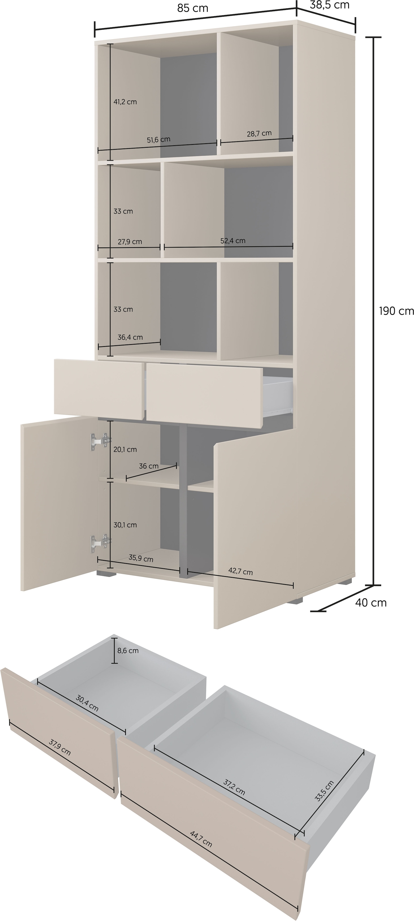GOODproduct Armoire de classement »Cross, Breite 85 cm, modernem grifflose Standregal, Bücherregal« Étagère avec 6 compartiments ouverts, 2 tiroirs et 2 portes, étagère de bureau
