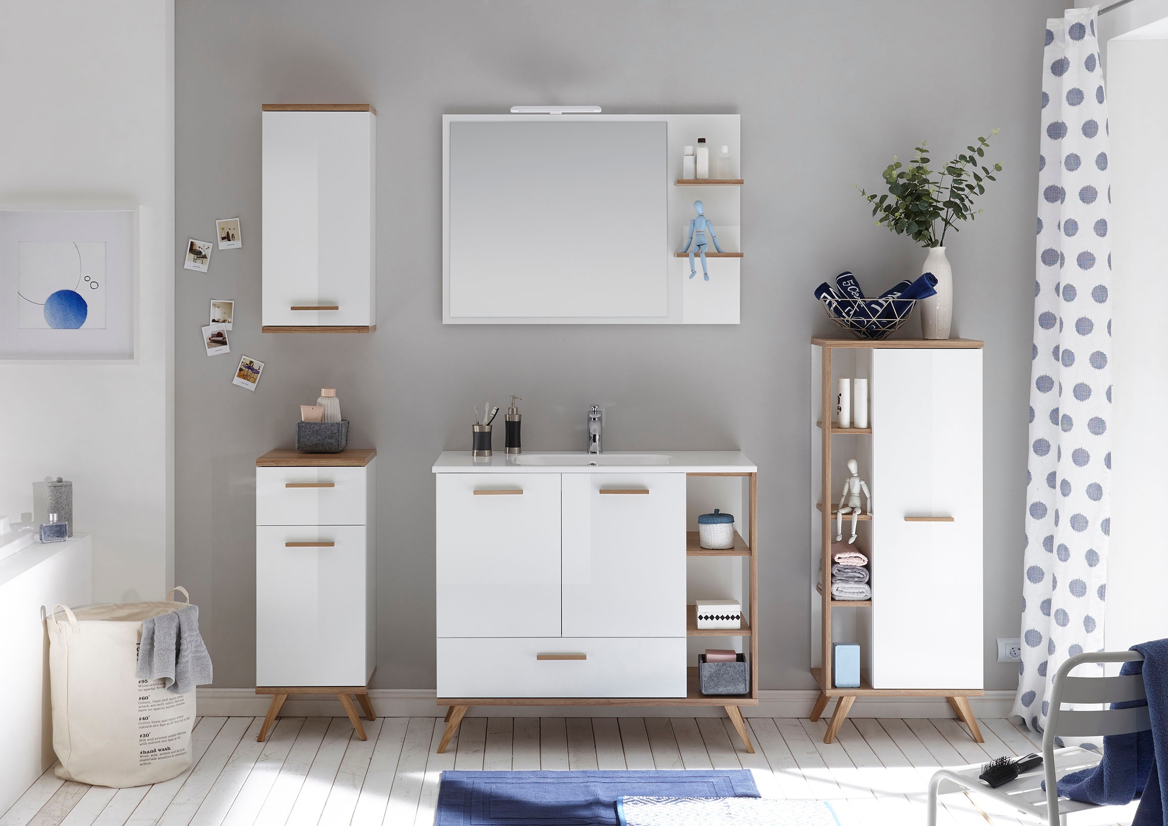Saphir Badspiegel »Quickset 923 Spiegel 100 cm breit mit seitlicher Ablage« Flächenspiegel Weiss Glanz, Riviera Eiche quer Nachbildung