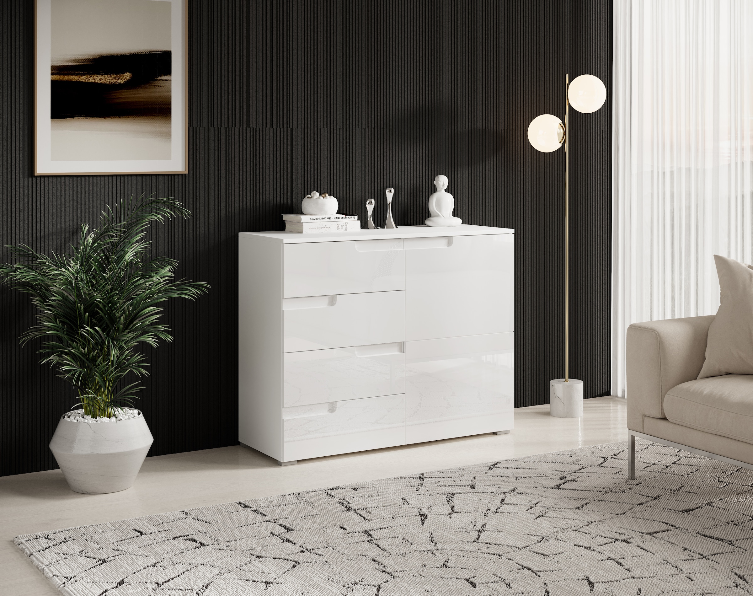 HBZ Kommode »Spice weiss hochglanz, BxHxT 100x80x40 cm« Kommode mit 1 Tür, 4 Schubkästen und 1 Einlegeboden