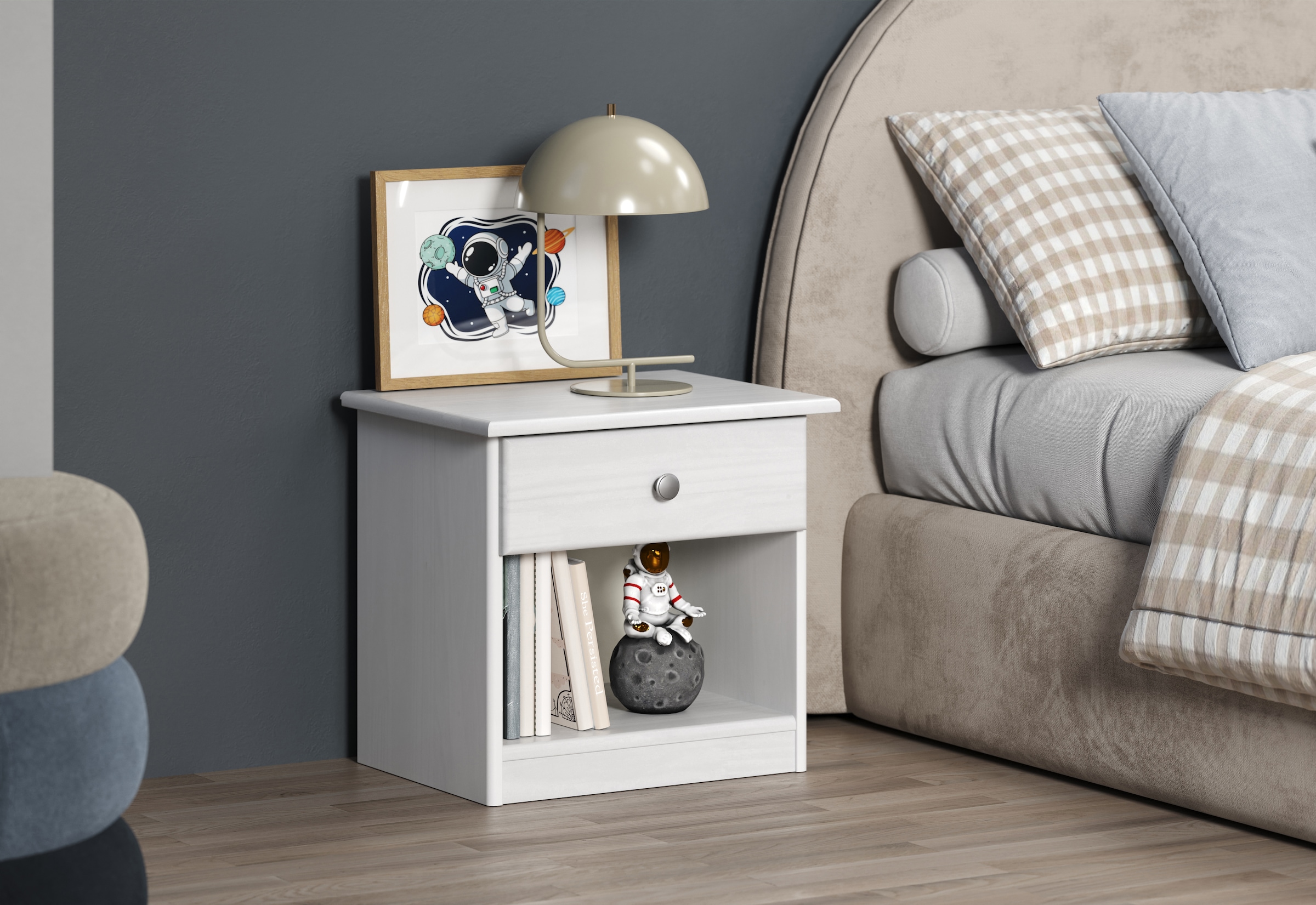 Home affaire Table de nuit »Delsbo Nachtschrank Schrank Schlafzimmer Beistellschrank« Landhaus Design aus Kiefernholz, 1 cuis tlg. Massivholz Nachttisch Weiss lackiert - Nachtkonsole (B/T/H) 44/34/41 cm