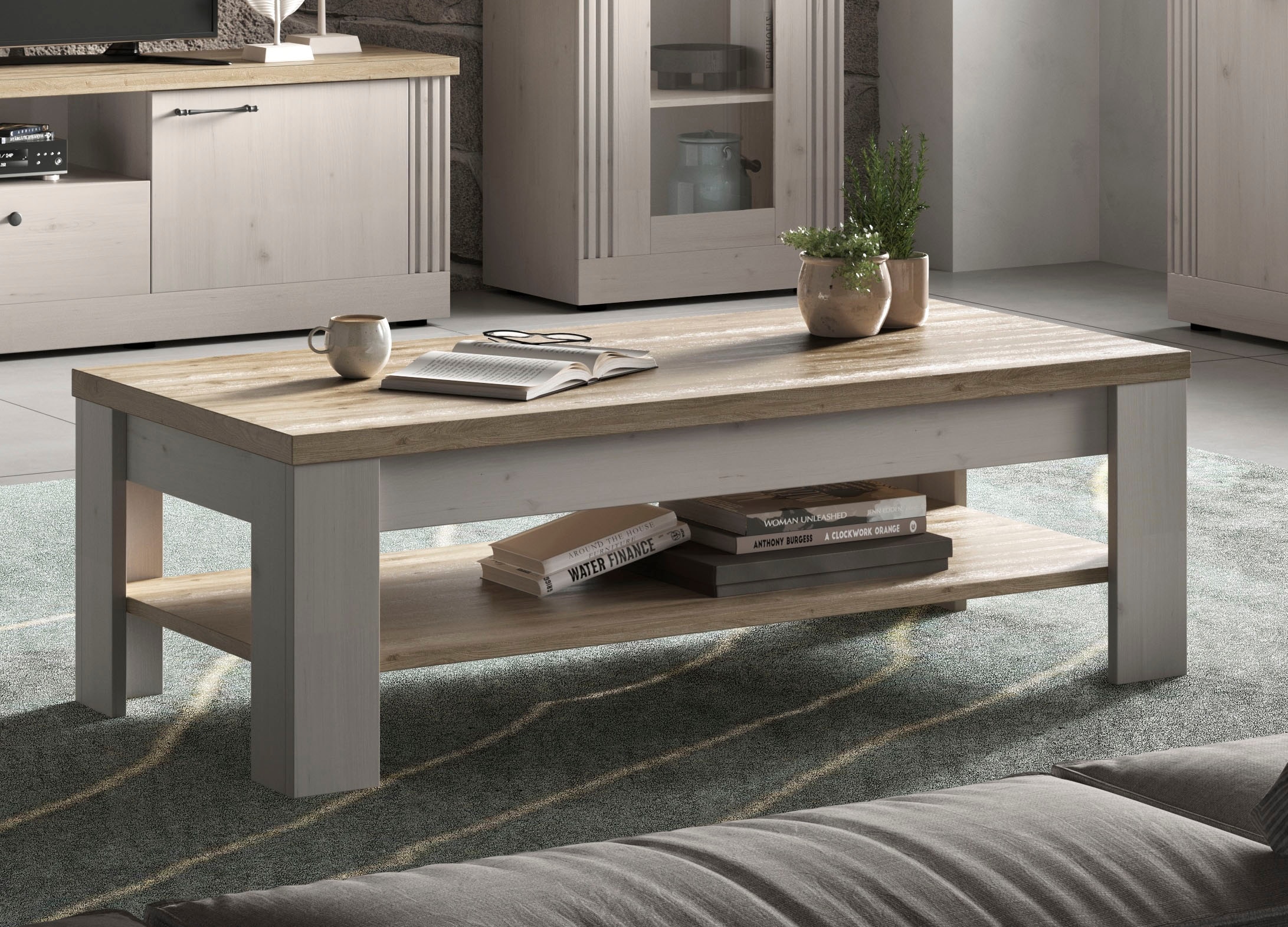 GOODproduct Table basse »Country 110 x 68 cm, Wohnzimmertisch mit Ablageboden,« Sofatisch, zweifarbig, rechteckig, Tischplattenstärke 38 mm