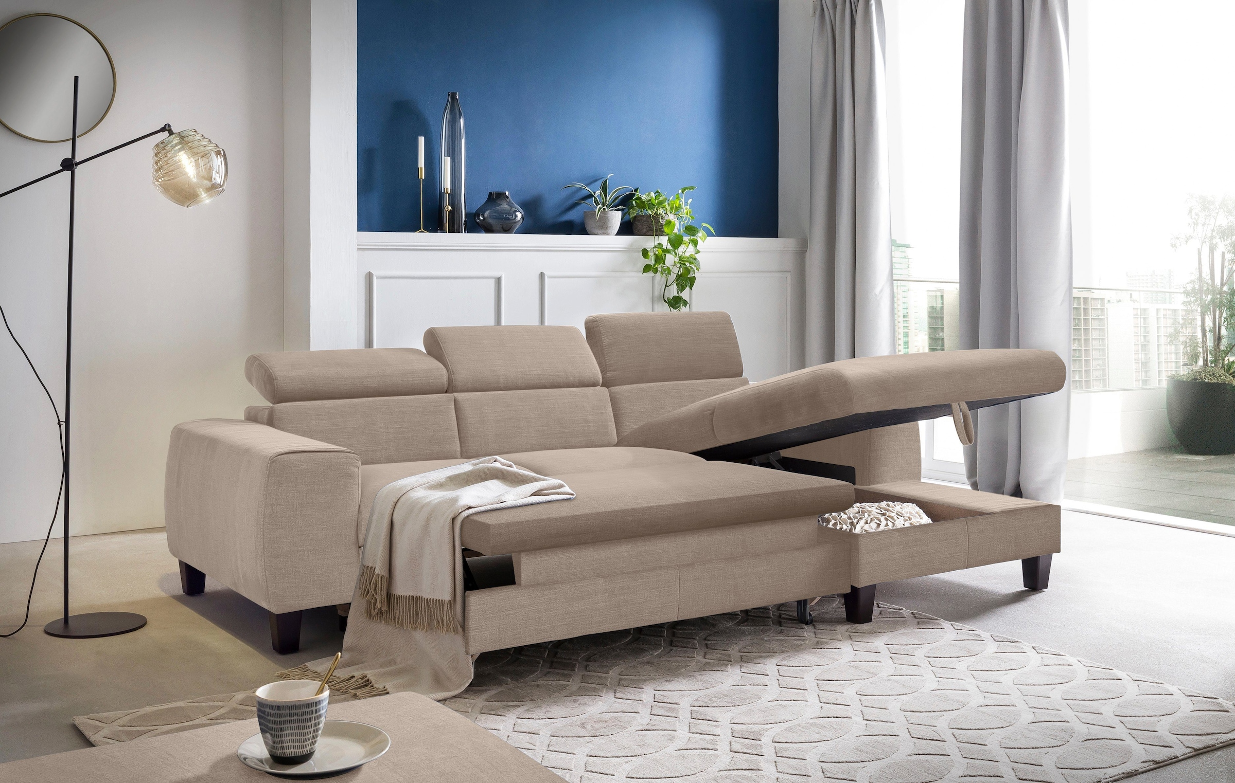 COTTA Ensemble rembourré »Morven L-Form« Set,  Set bestehend aus: Ecksofa mit Kopfteilverstellung & Hocker