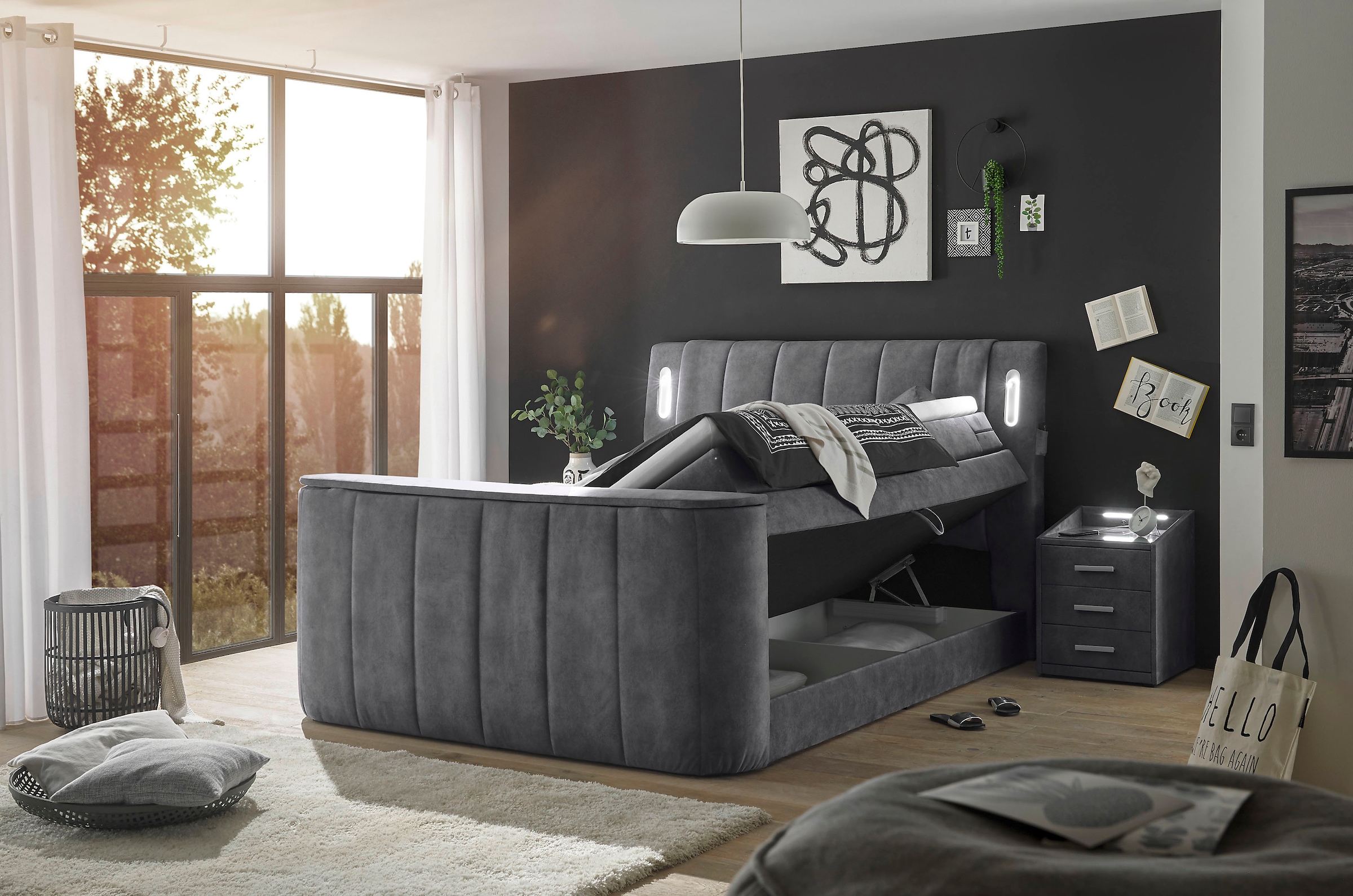ED EXCITING DESIGN Boxspringbett »Dallas« 7 Stk. tlg. inkl. Topper, LED-Beleuchtung, TV Halterung und zwei Bettkästen