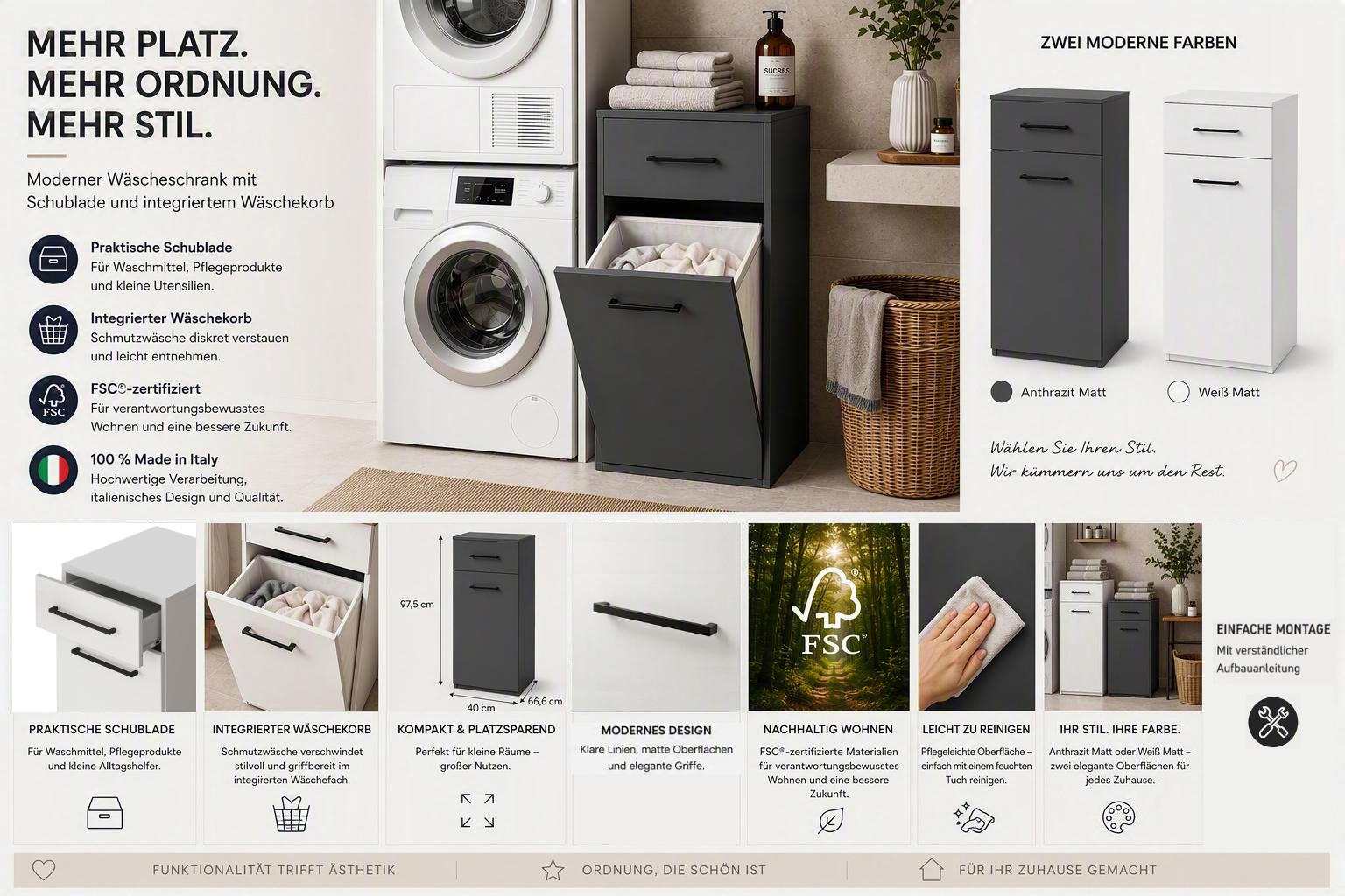 KOCHSTATION Armoire à linge »KS-Linda« largeur 40 cm, avec panier à linge intégré, parois de 25 mm d'épaisseur