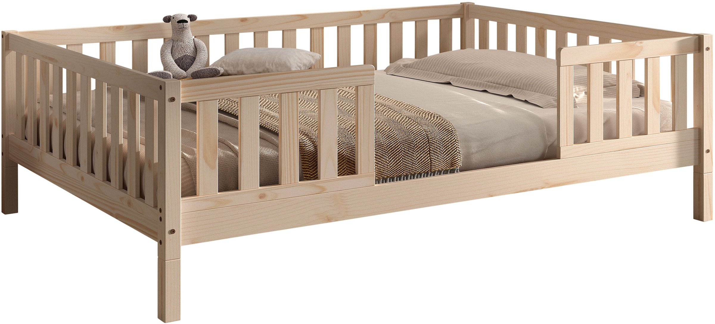 Vipack Daybett »Dallas Massiv Bett mit Rausfallschutz umbaubar vom Boden- zum Daybett« mit Bettschublade, wahlweise Kiefer massiv natur oder weiss