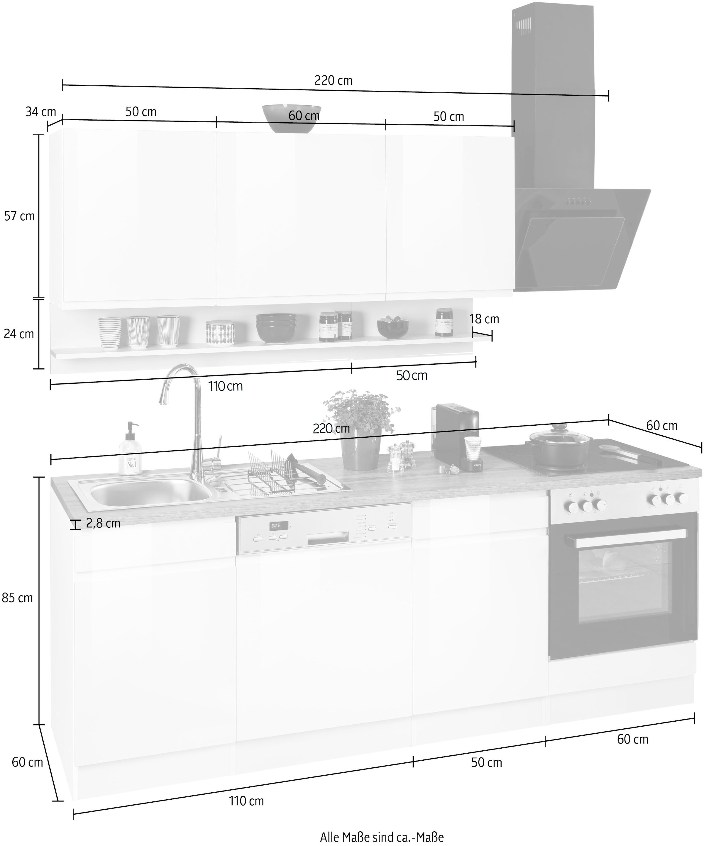 KOCHSTATION Kitchenette »KS-Virginia,neu in verbesserter Ausführung« plan de travail épaisseur 38 mm, rangement, fermeture douce,  largeur 220 cm, soft-close, avec appareils électroménagers en option