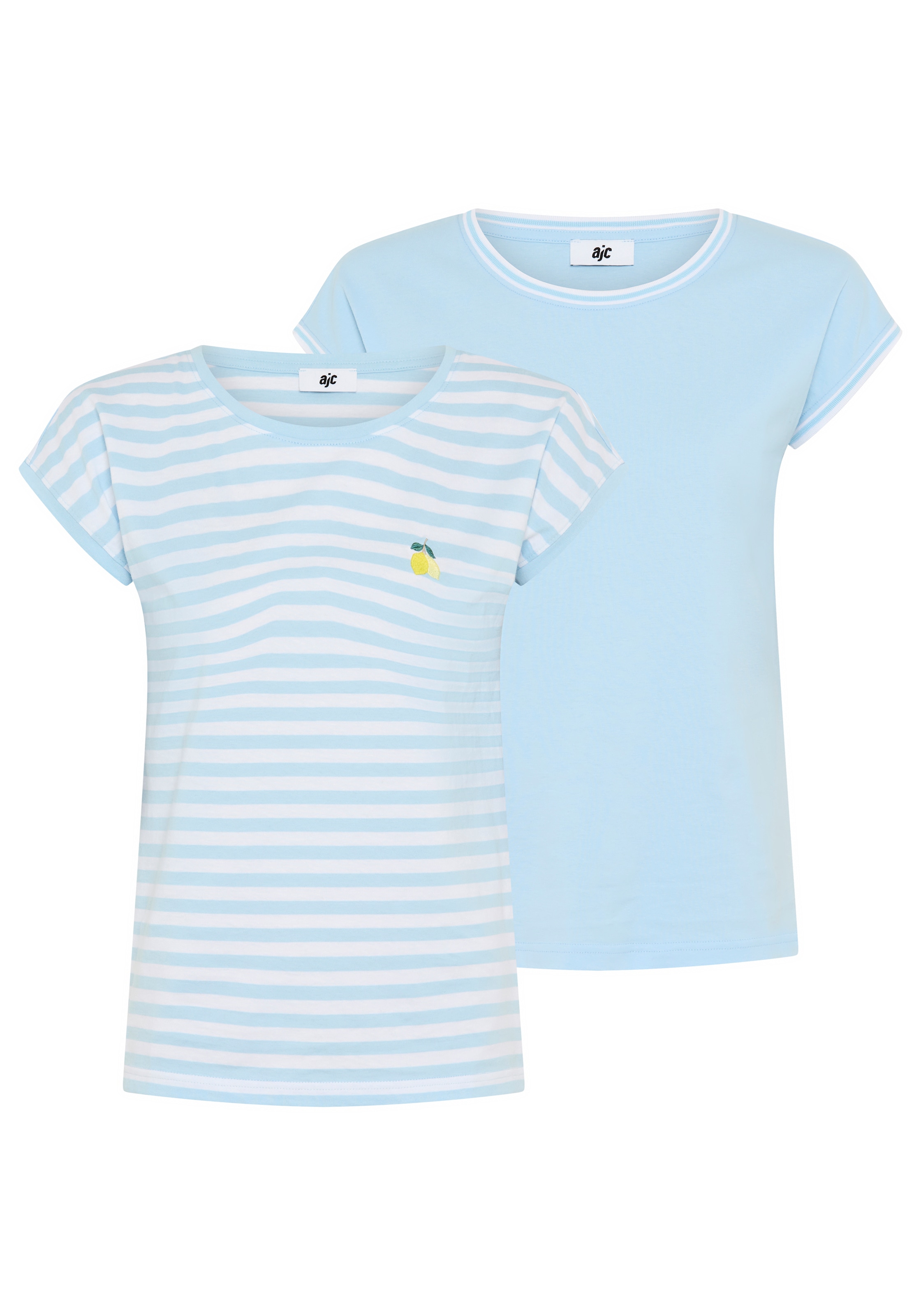 AJC Rundhalsshirt 2er-Pack,  gestreift mit Stickerei und einfarbig mit sportlicher Blende