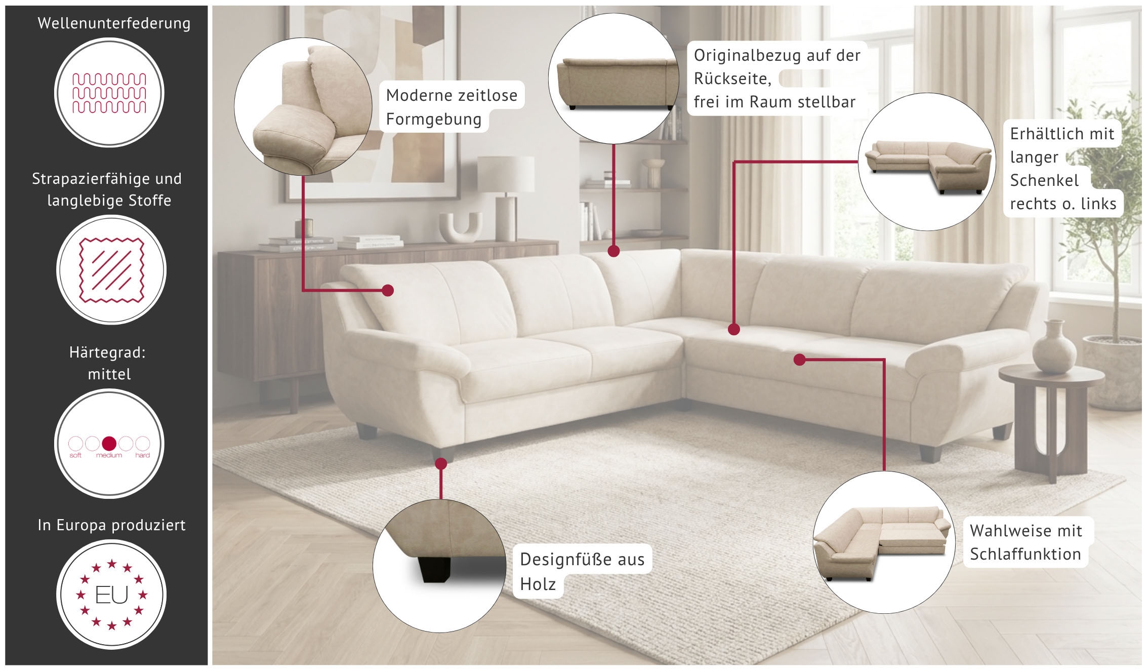 GOODproduct Canapé d'angle »Silkeborg« intemporel et confortable, accoudoirs confortables
