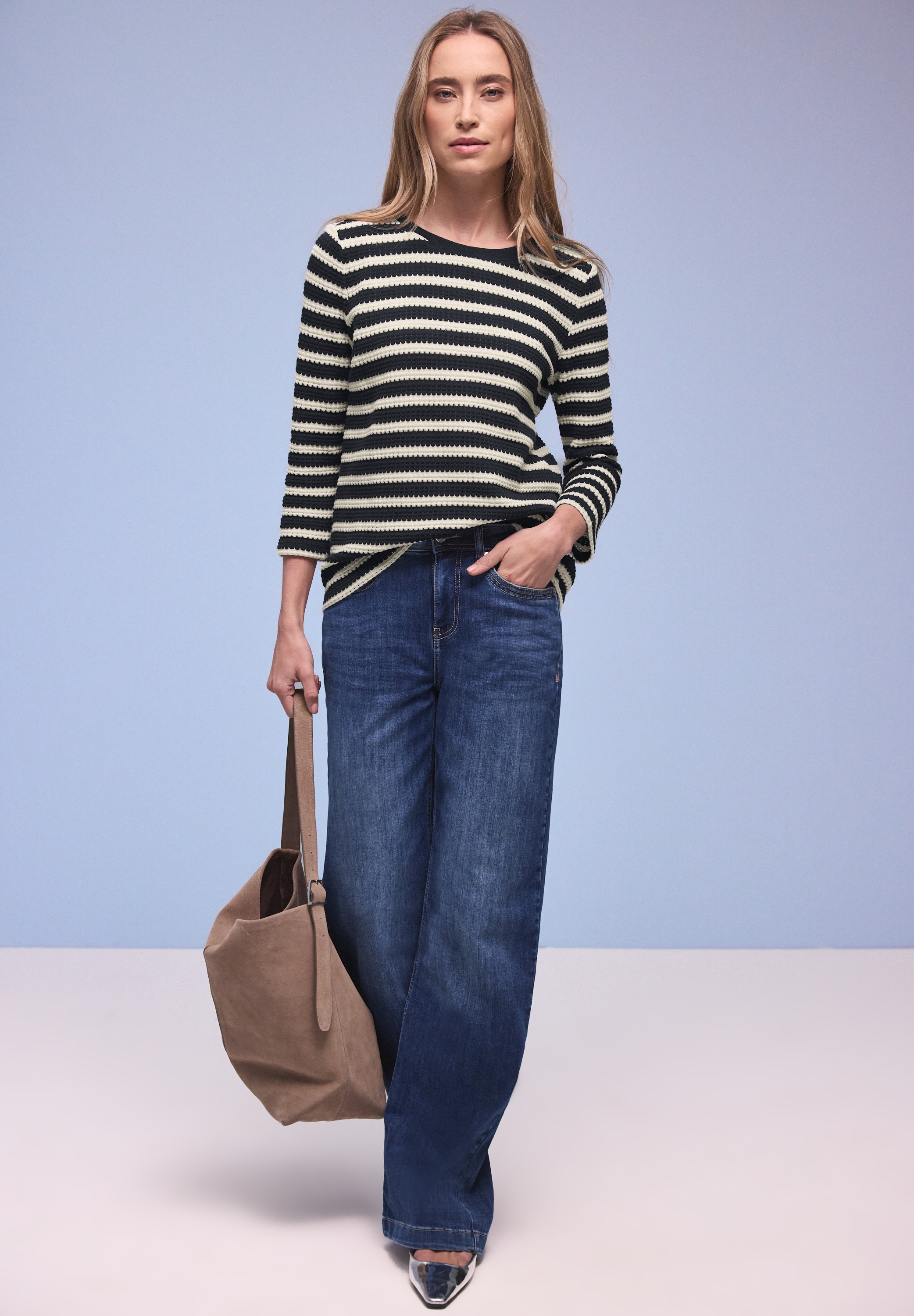 STREET ONE T-shirt à manches 3/4 Strick-Look Shirt mit Streifenmuster