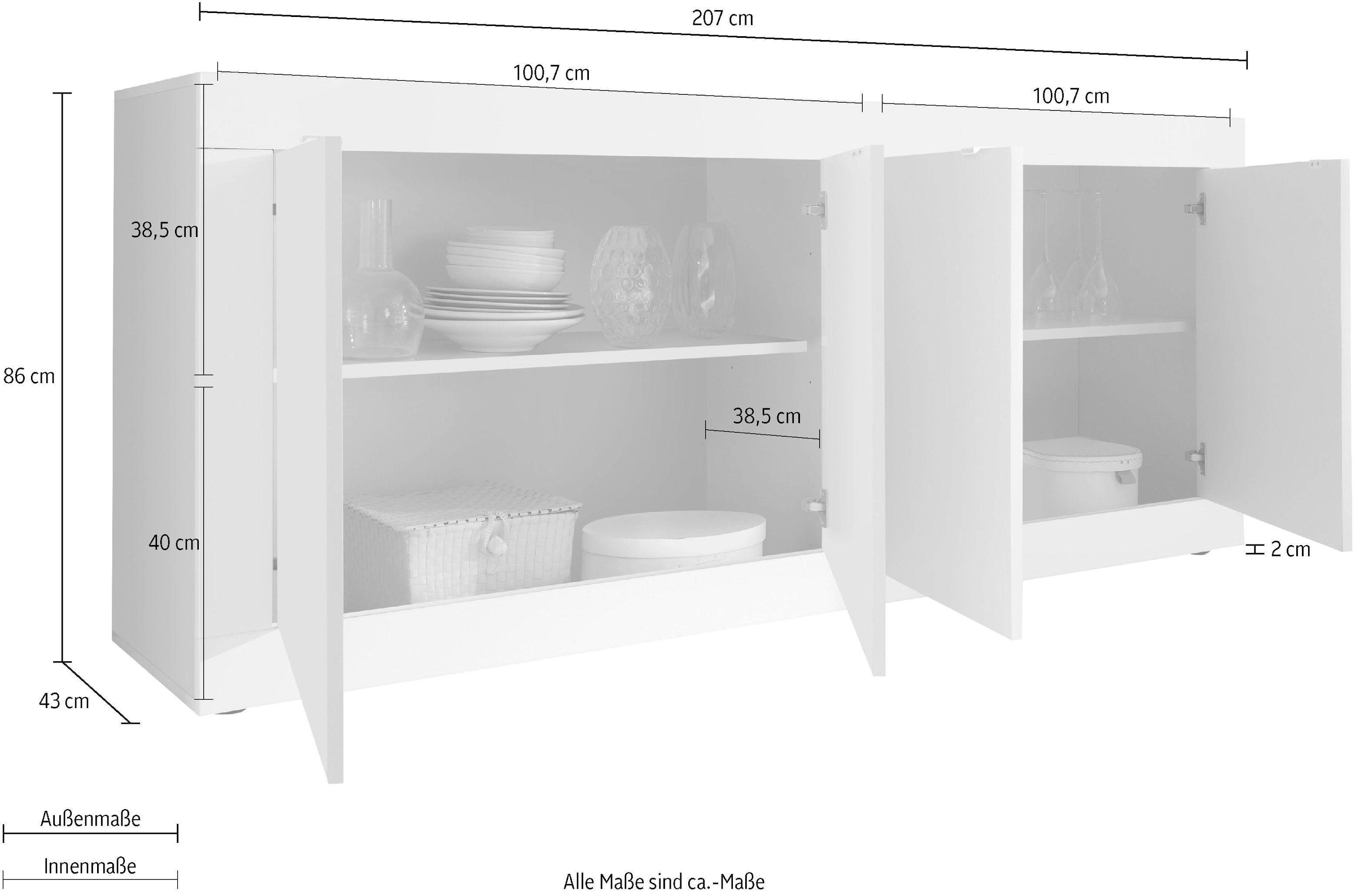 Home affaire Sideboard »Basic Breite 207 cm, Kommode 4 Türen, Anrichte,« Metallgriff, moderne Rahmenoptik, viel Stauraum, Farbauswahl