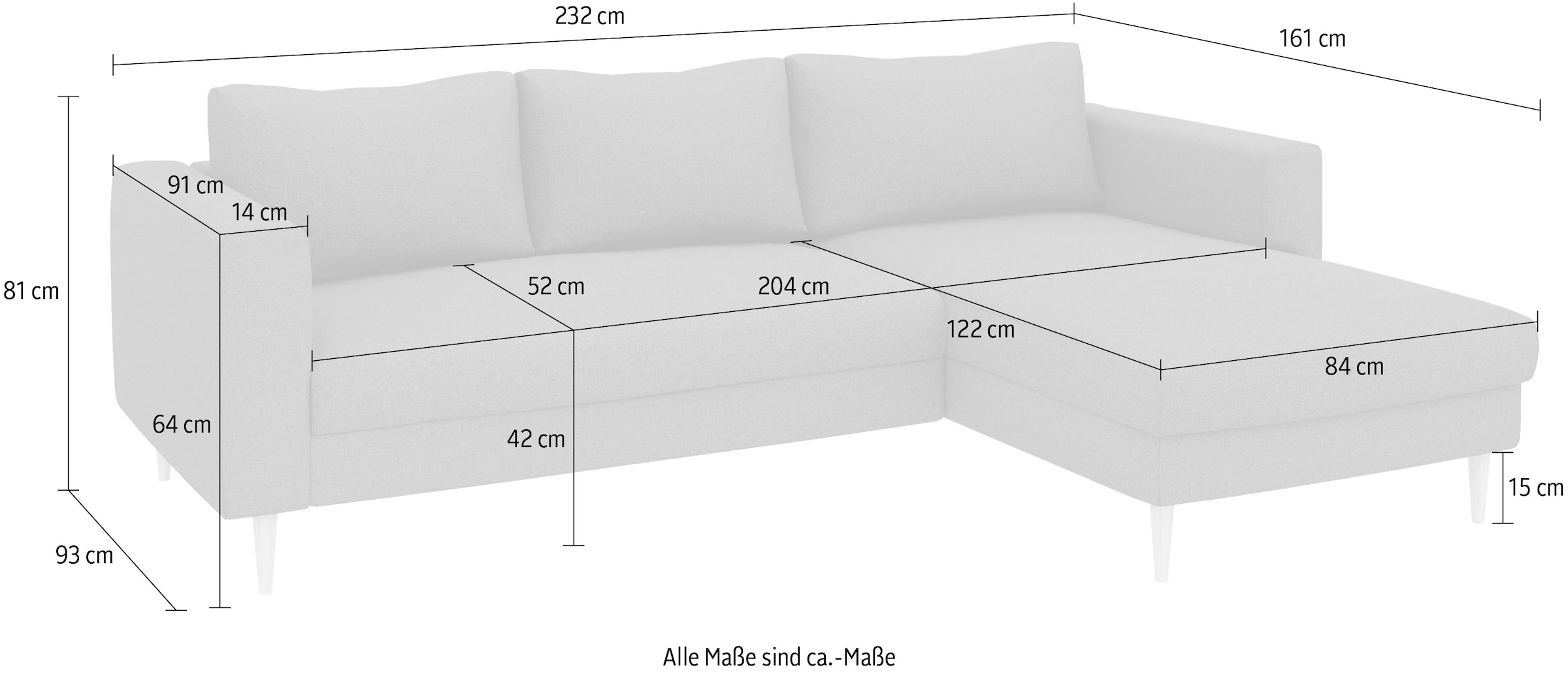 TRENDMANUFAKTUR Ecksofa »Amazing, wahlw. mit Schlaffunktion & Bettkasten, Fuss Buche lackiert« Recamiere beidseitig montierbar, L-Form,in Cord o. Struktur, B: 232 cm