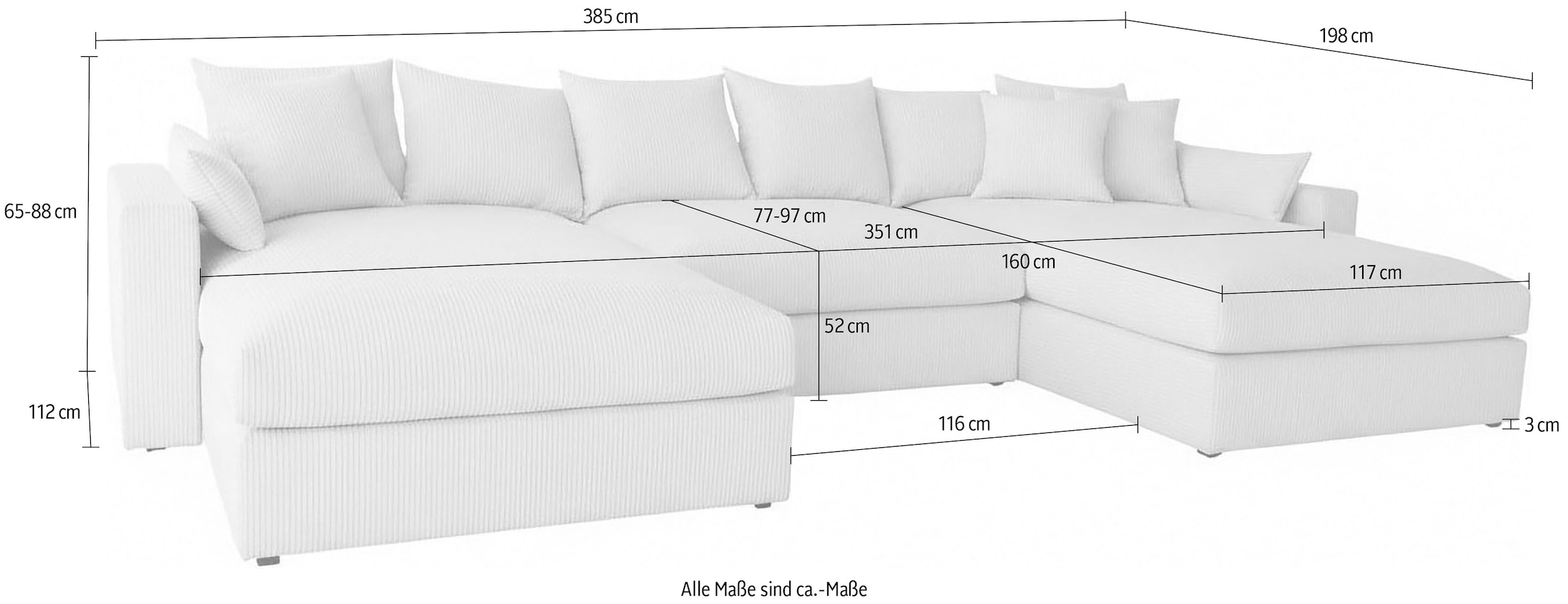 GOODproduct Paysage de salon »Cosy Lounge U-Form, Breite 385 cm« méga canapé recouvert de velours côtelé, avec suspension à ressorts et 5 coussins décoratifs