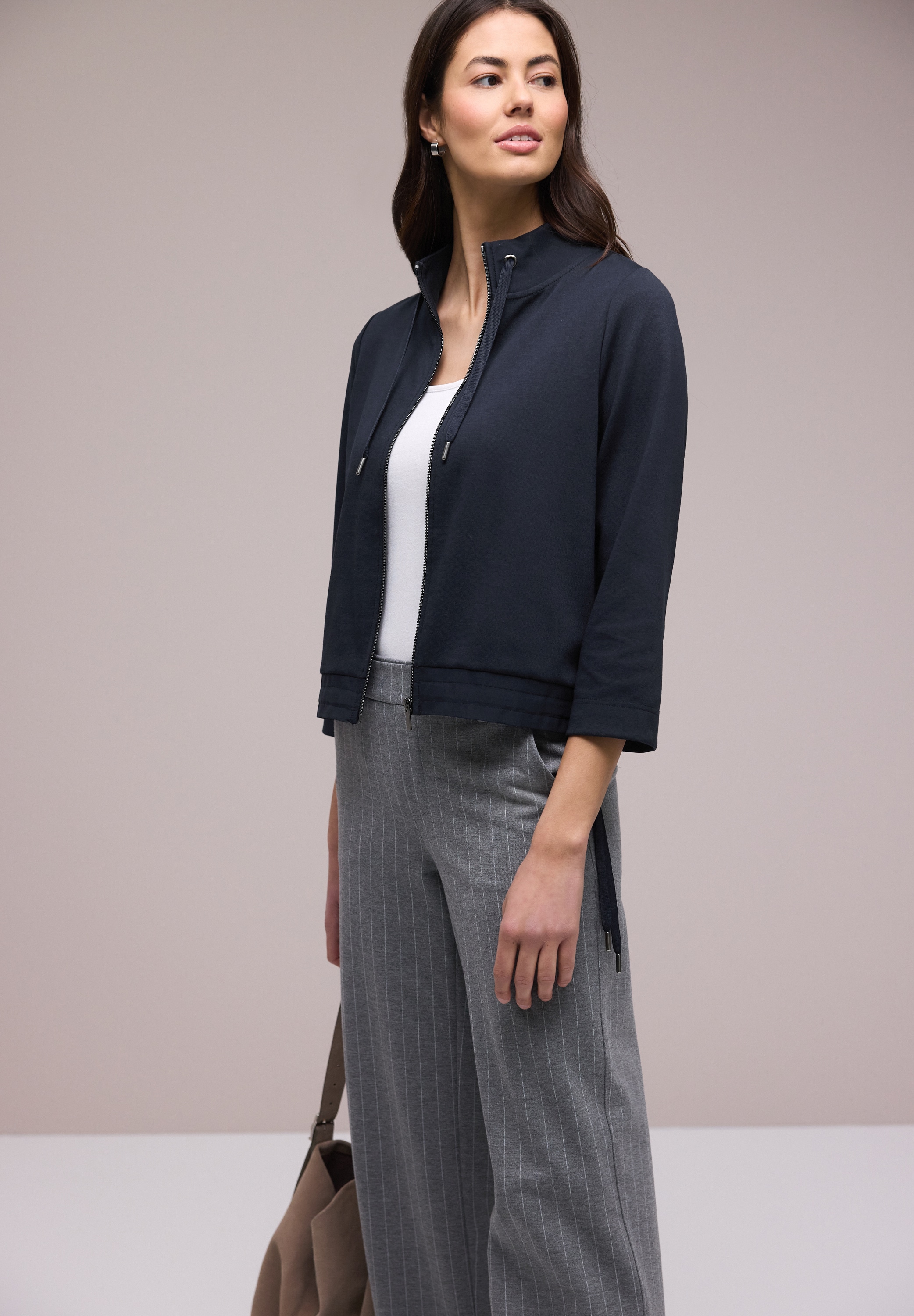 STREET ONE Sweatjacke 3/4-Arm mit Stehkragen und Kordelzügen