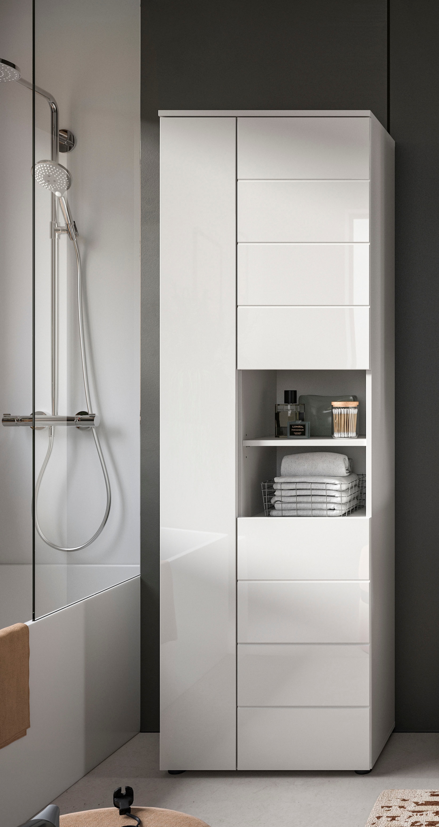 welltime Hochschrank »BIEL, 190 cm, 3 Türen, 2 offene Fächer« 1 Stk. tlg. Türanschlag wechselbar, modernes Design, Badschrank, Unterschrank, Bad