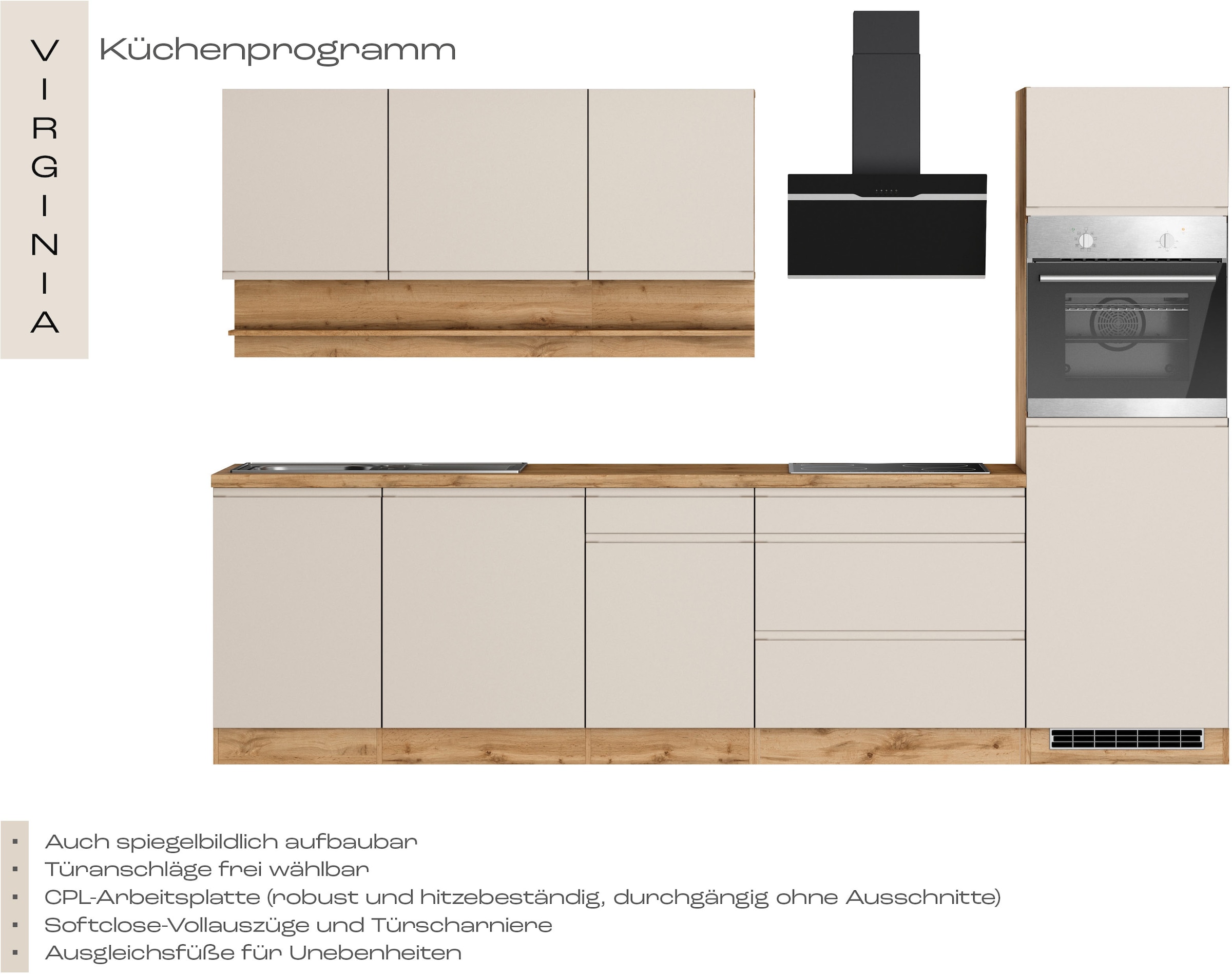KOCHSTATION Kitchenette »KS-Virginia,neu in verbesserter Ausführung« plan de travail épaisseur 38 mm, rangement, fermeture douce,  largeur 300 cm, fermeture douce, avec appareils électriques en option