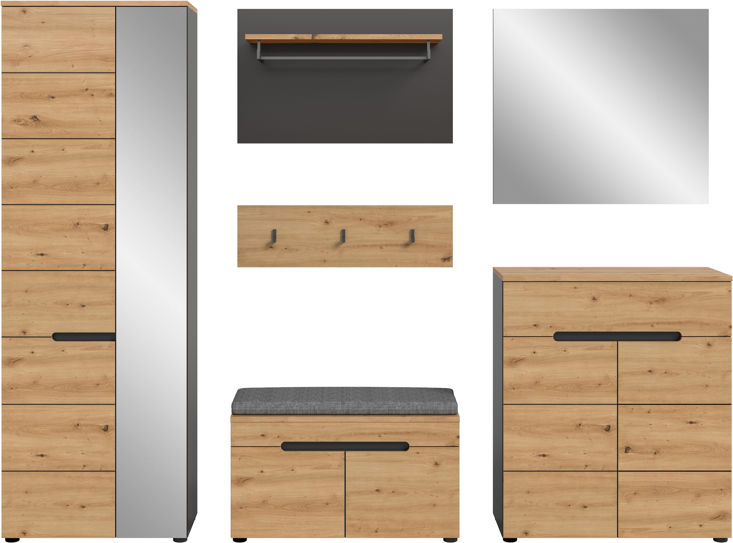Home affaire Garderoben-Set »REHAT, TOPSELLER!, 6-teilig, Breite 255 cm, individuell erweiterbar« Set, Schrank, Sitzbank, Sitzkissen, Paneel, Hakenleiste, Spiegel, Kommode, 6 Stk. tlg.