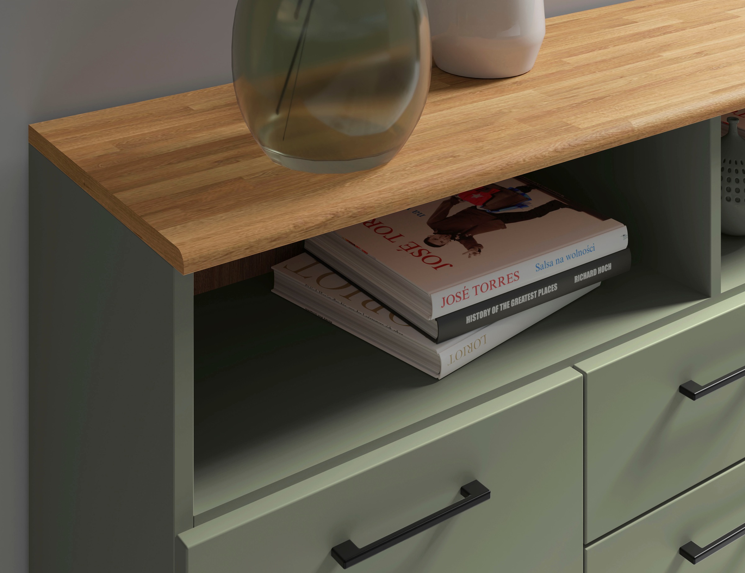 GOODproduct Sideboard »Ribe,130cm breit,80cm hoch,Türen und Schubladen,6 Fächer« Oberplatte Eiche massiv,schwarze Metall Griffe