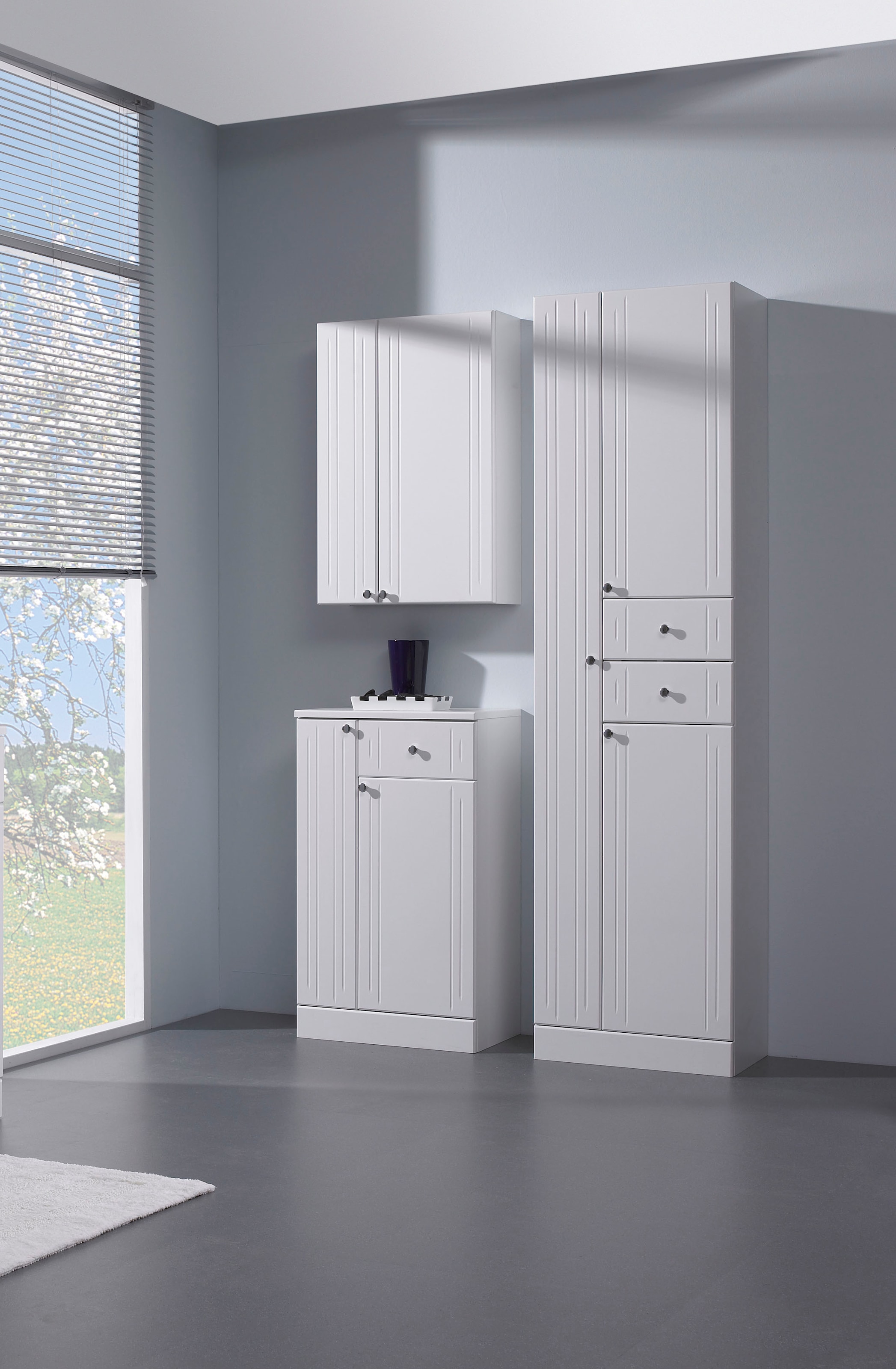 Saphir Armoire basse »Quickset 955 Badschrank mit 2 Türen, 1 Schublade, 50 cm breit« Meuble sous lavabo blanc brillant, poignées chrome brillant