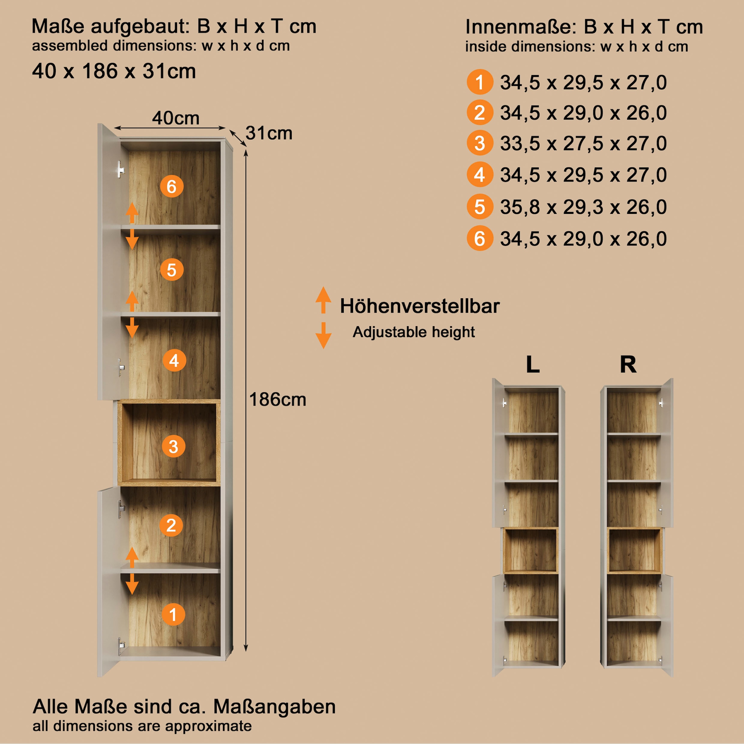 welltime Hochschrank »San Pedro« 1 Stk. tlg. Badezimmerschrank mit Soft-Close-Funktion - Masse (B/T/H) 40/31/186 cm