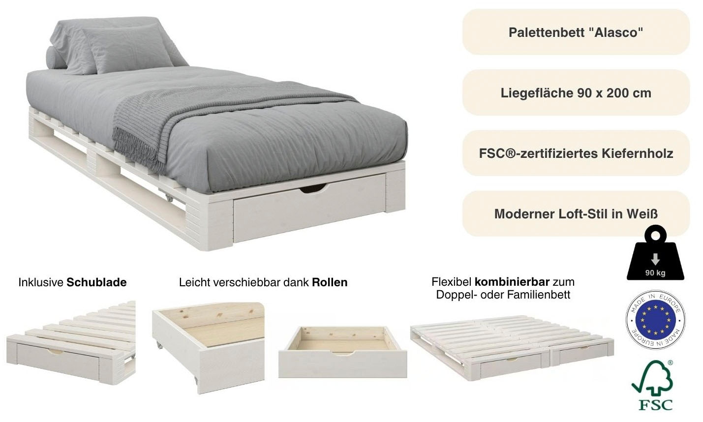 Home affaire Lit palette »"ALASCO "  BESTSELLER! Mit Schublade« zertifiziertes Massivholz, erweiterbar zum Doppel- oder Familienbett