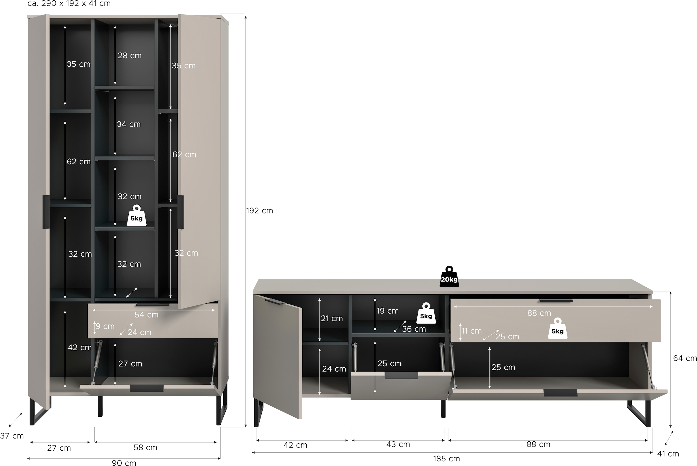 Home affaire Meuble mural »ADIO, Breite 290 cm, 2-teiliges Set, mit Metall-Kufenfüsse« Set, bestehend aus: Mehrzweckschrank und Lowboard, 2 cuis tlg.