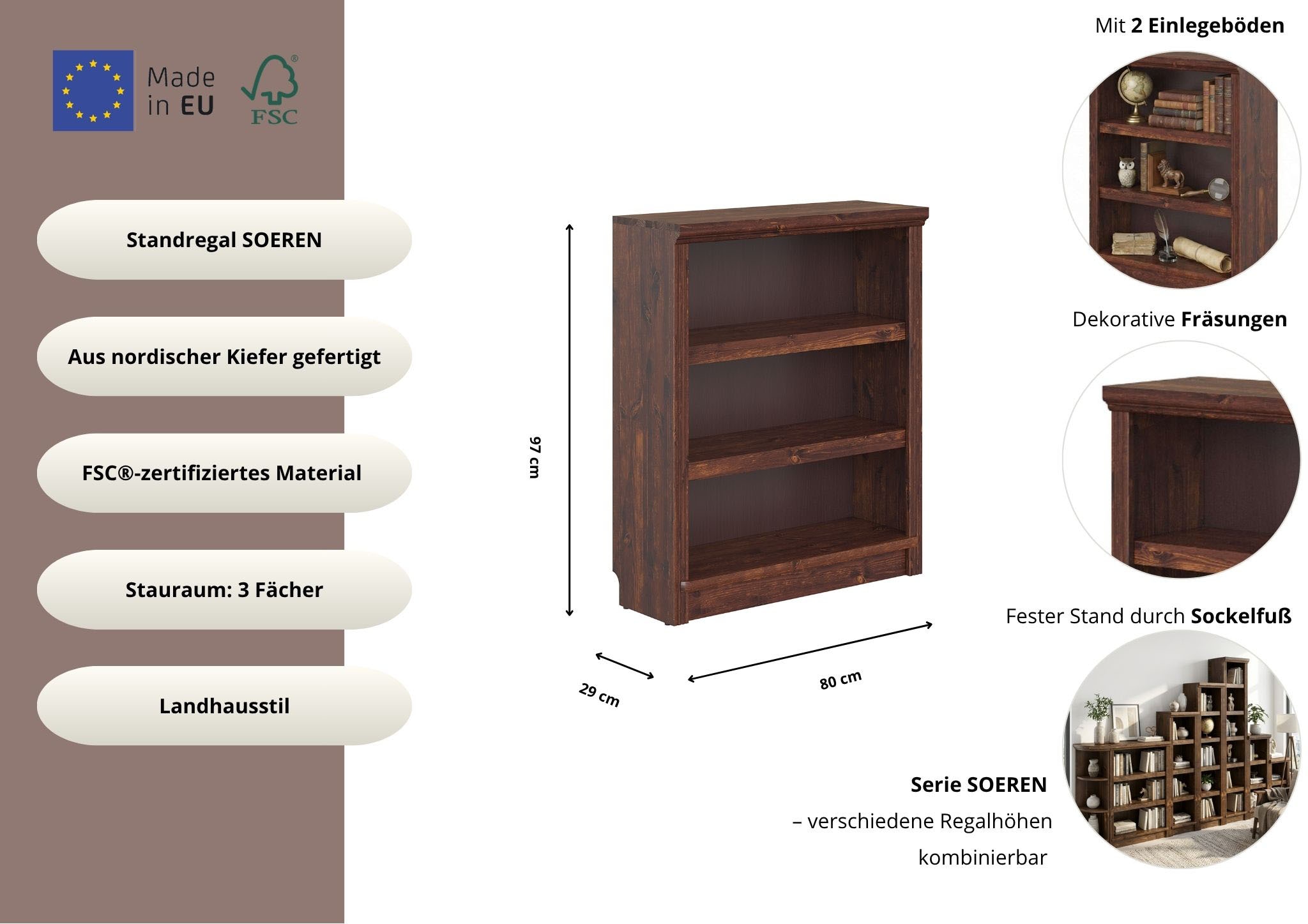 GOODproduct Étagère sur pied »Soeren Regal Bücherregal B/T/H: 80/29/97 cm« pin massif, certifié FSC®