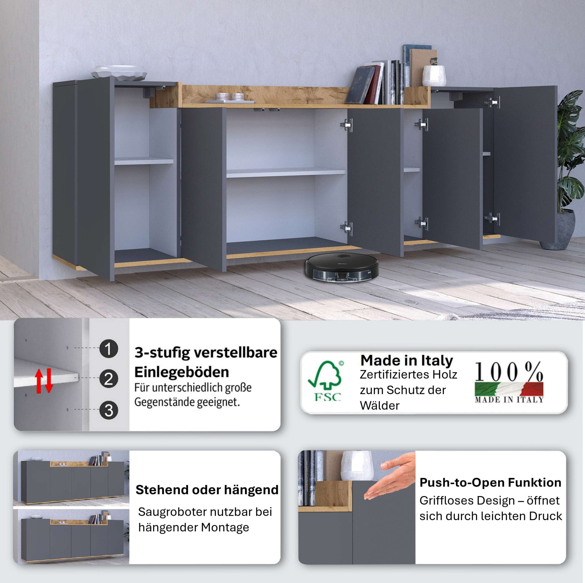 GOODproduct Sideboard »BOLSENA, Kommode, Schrank,Lowboard mit 8 Fächer und offenes Ablagefach« 1 Stk. tlg. stehend/hängend montierbar, Made in Italy, B/T/H: 200 × 35 × 71,2 cm
