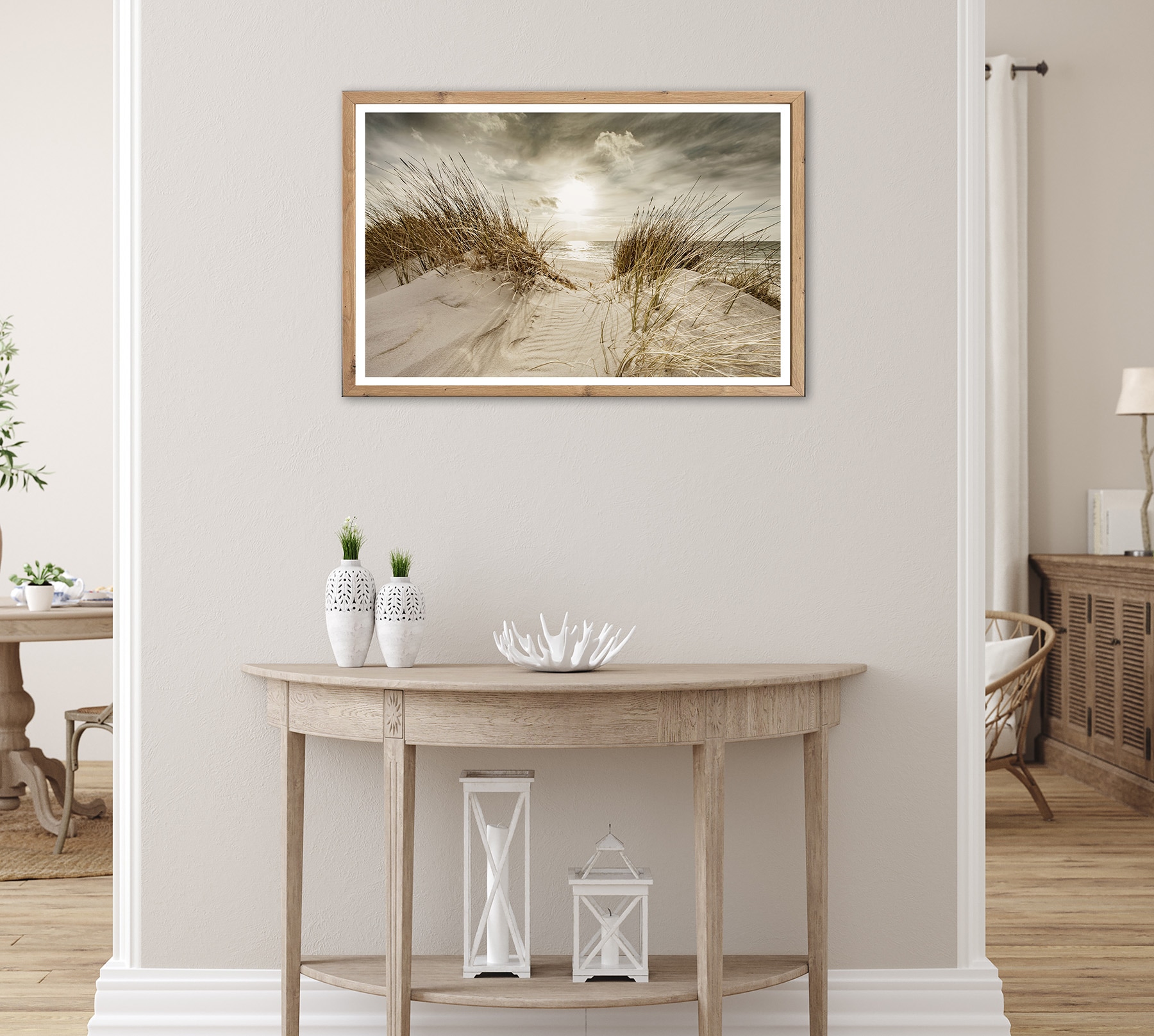 Bönninghoff Tableau avec cadre »Wandbild gerahmt STRANDSONNE 50x70 cm – Maritime Wanddeko Dünen« Côte | Dune | Herbes | Lever et coucher du soleil | Mer | Nature | Paysage | Plage 1 cuis tlg. avec cadre décoratif