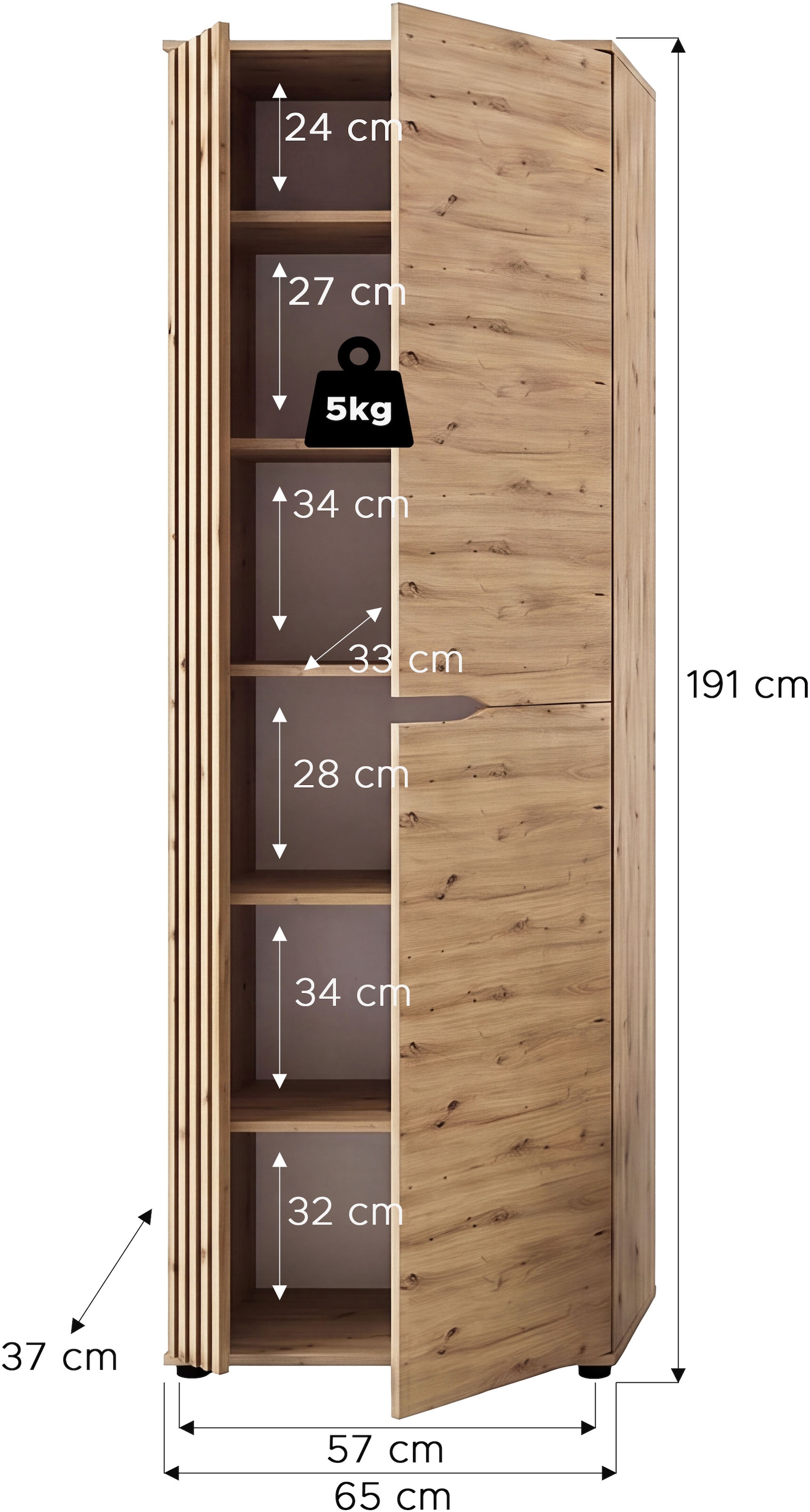 GOODproduct Garderobenschrank »FJELL, Breite 65cm, 2 Türen, 4 Einlegeböden, 6 Fächer, 1 Kleiderstange« Kleiderschrank, Schrank, Dielenschrank, Flurschrank, Mehrzweckschrank