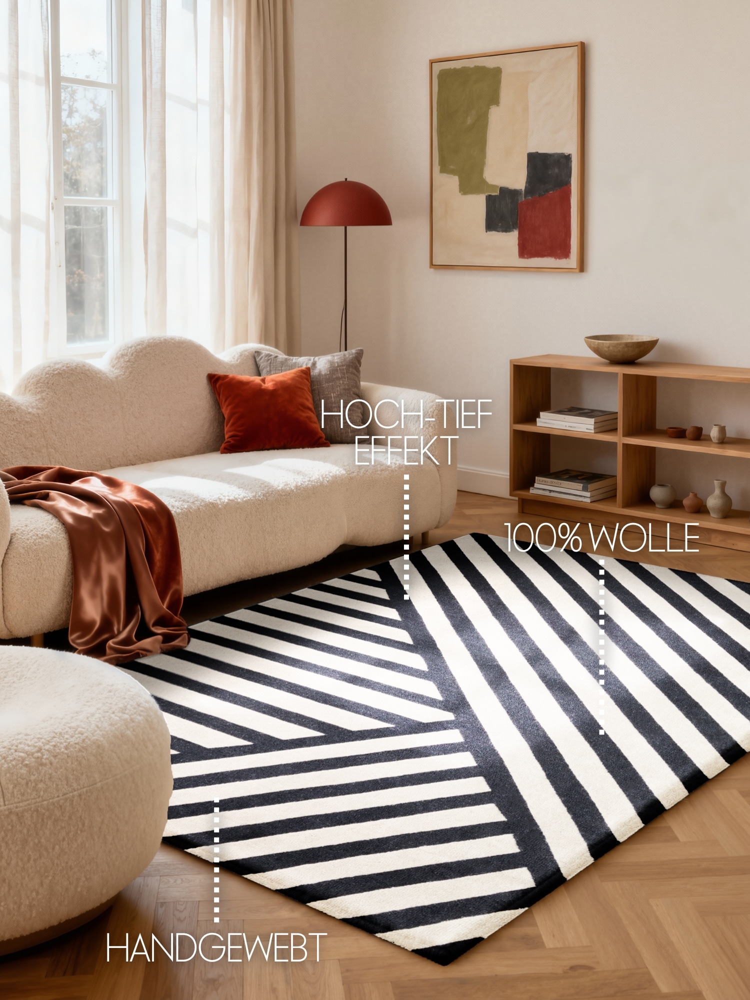 ELLE DECORATION Tapis en laine »Noir« Rectangulaire 12 mm Höhe Wolle, Natur, Wohnzimmer, schwarz weiss, Modern, Geometrisch, Streifen