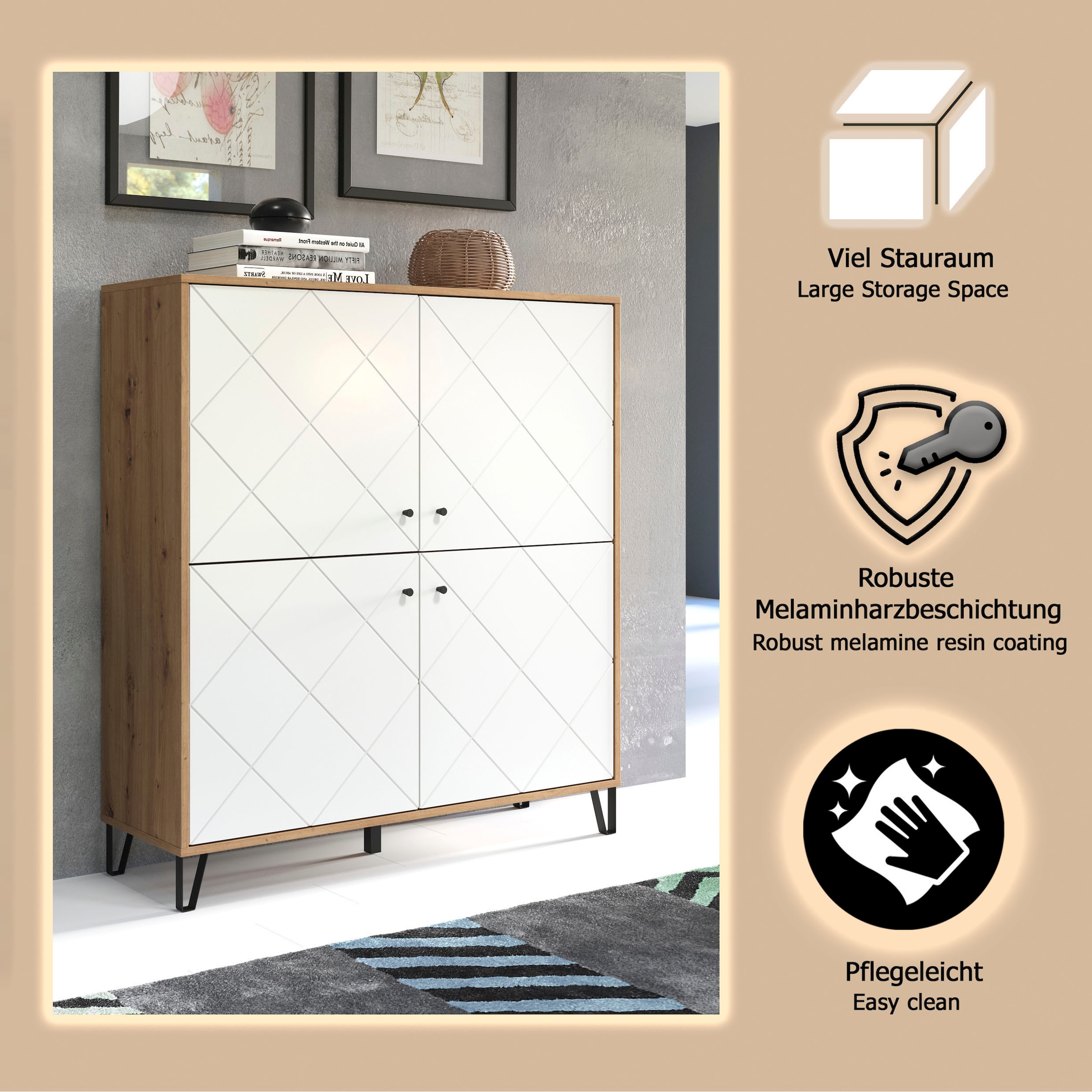 Home affaire Highboard »Tarragona« Highboard mit 4 Türen & Soft-Close - (B/T/H) 123/40/136 cm