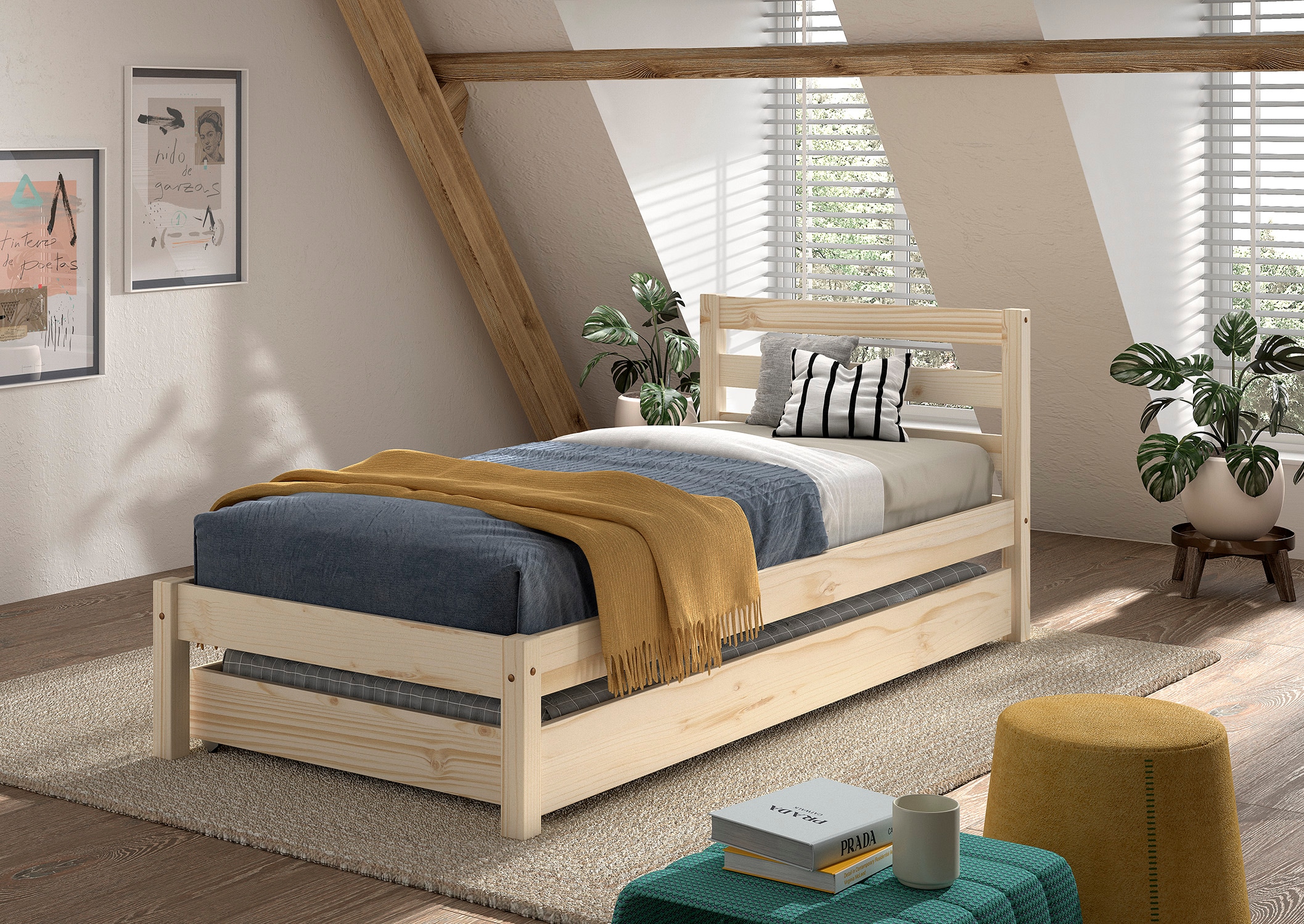 Vipack Lit en bois massif »Pino, universell einsetzbar, gradliniges Design, Made in Europe« L/H/P env. 211x84,4x97,5 cm, surface de couchage 90/200 cm, avec 1 tiroir sous-lit,  incl. sommier à lattes, pin massif, naturel ou laqué blanc