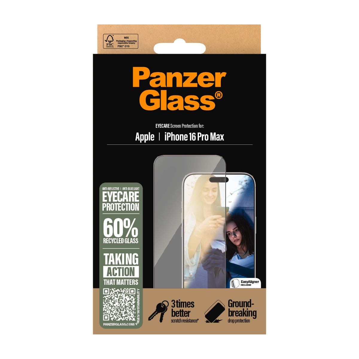 PanzerGlass Displayschutzglas »EyeCare Screen Protection« für Apple iPhone 16 Pro Max Displayschutzfolie, Schutzfolie, Bildschirmschutz, kratz- & stossfest