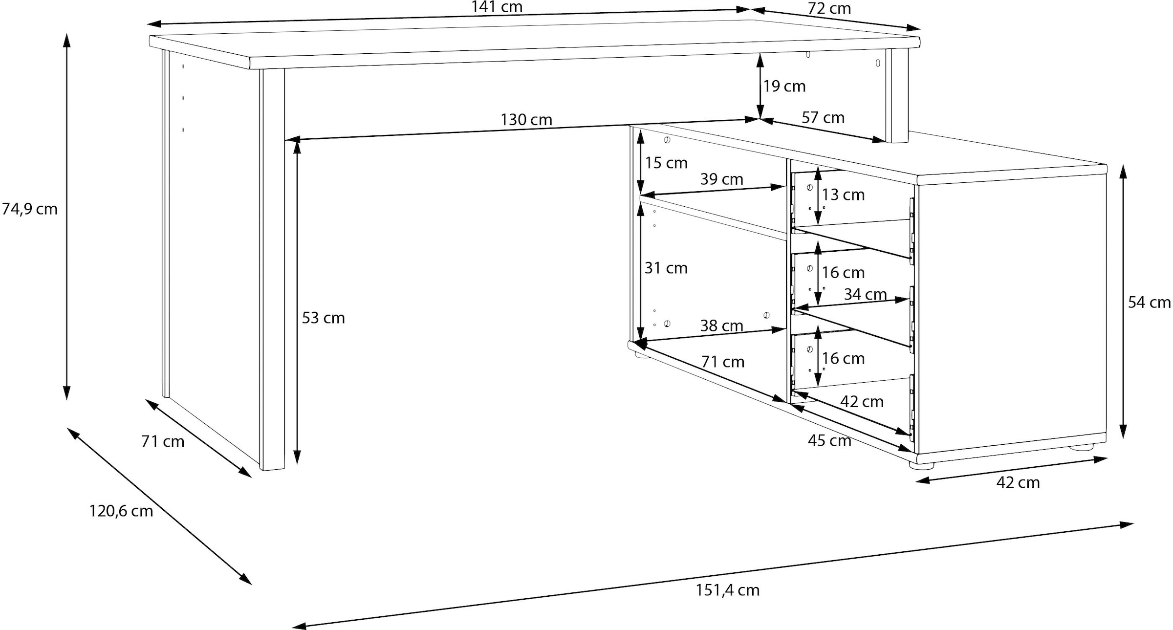 FORTE Bureau d'angle »Tempra« beaucoup de rangement, largeur 151 cm