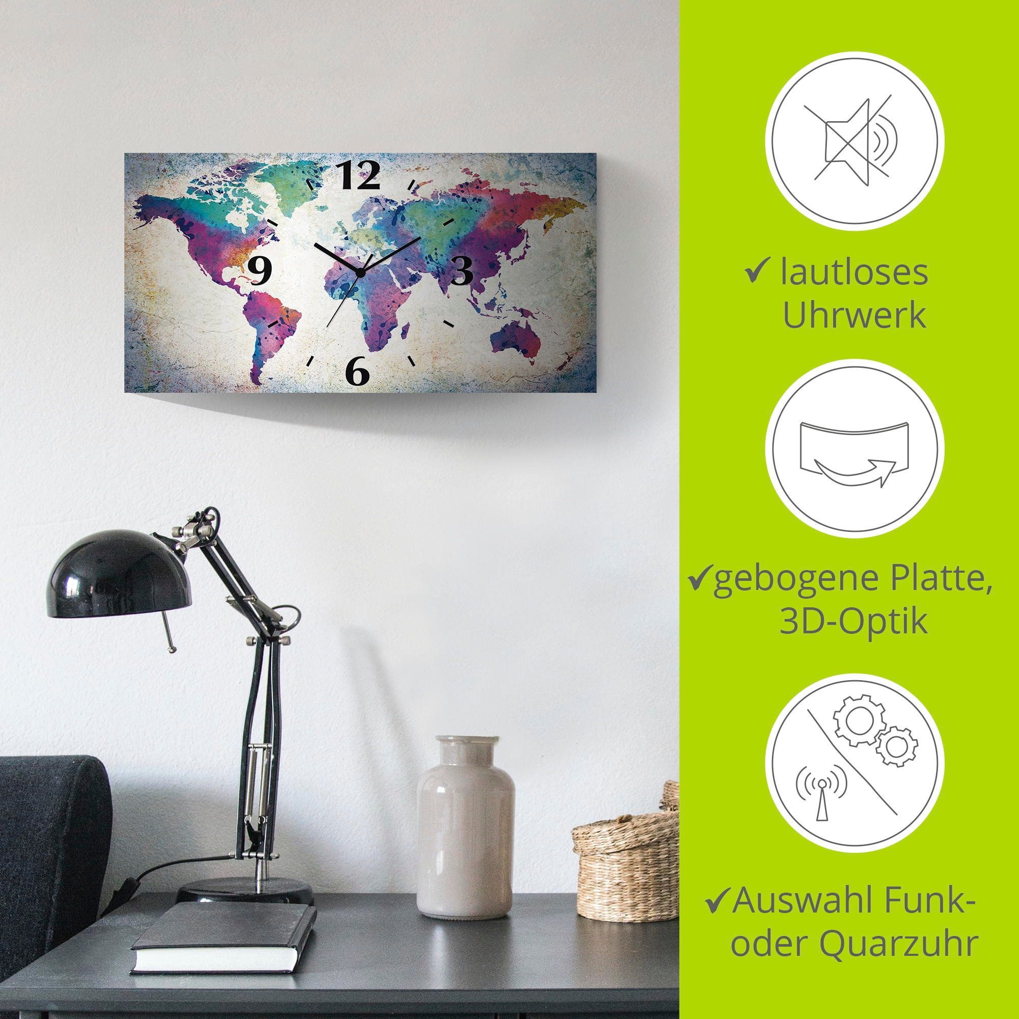 Artland Horloge murale »bunte Weltkarte« au choix avec mouvement quartz ou radio, silencieux sans tic-tac