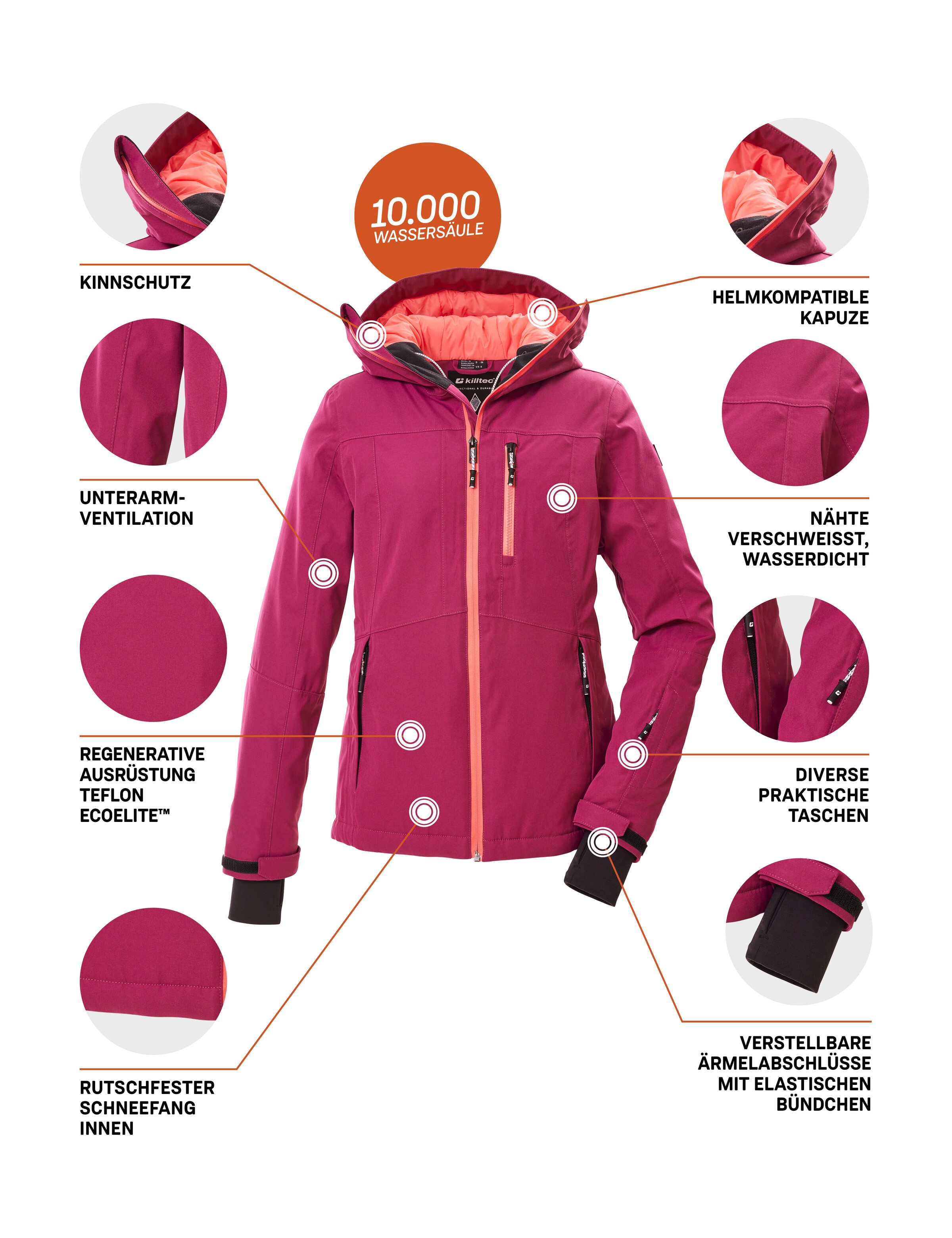 Killtec Veste de ski »KSW 276 WMN SKI JCKT« Veste femme imperméable avec pare-neige, respirante et poches