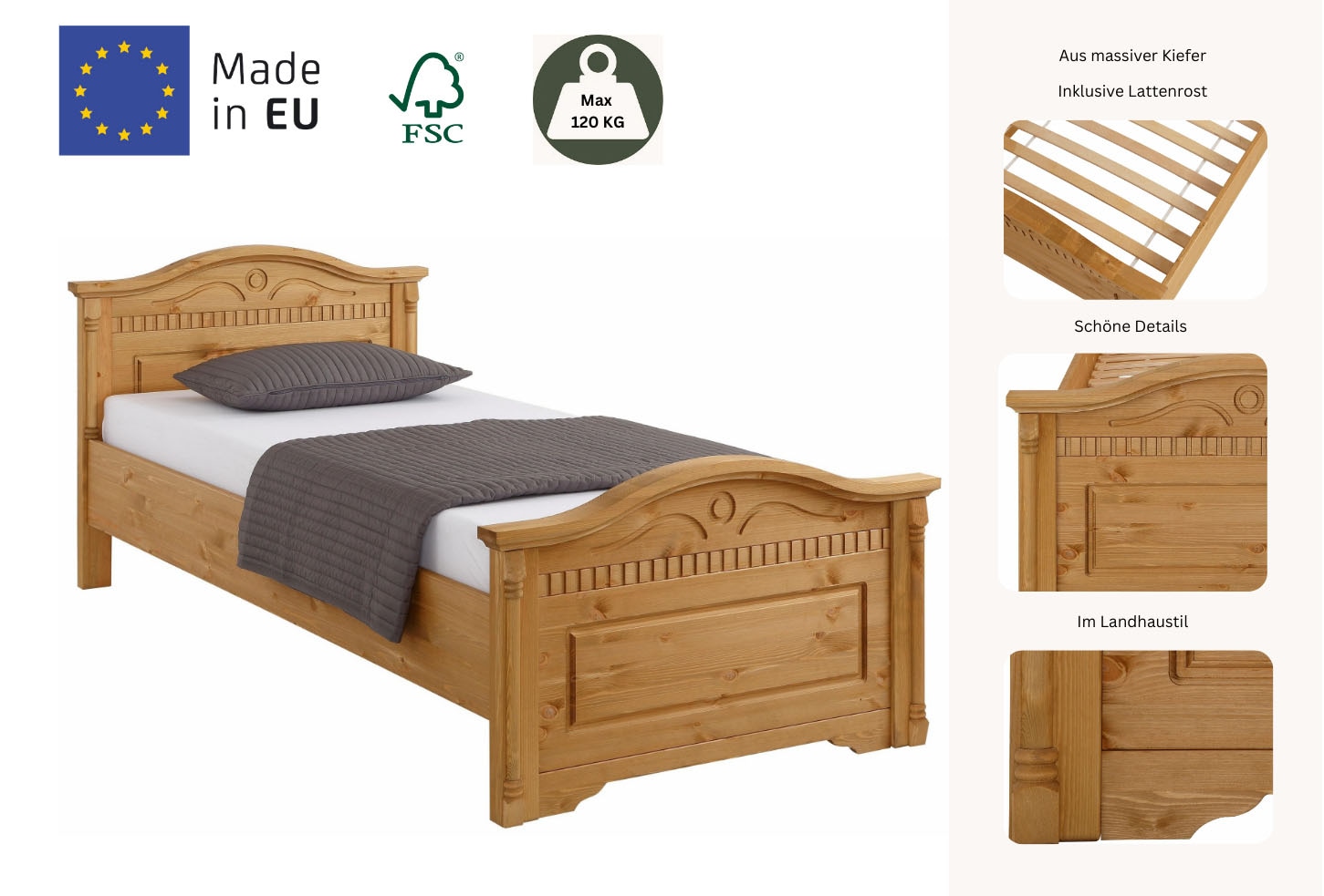 Home affaire Massivholzbett »Graz, hohe Belastbarkeit, klassischer Landhausstil, FSC® zertifiziert« Breite/Belastbarkeit 180cm/220 KG, 90cm/=120KG,  mit dekorativen Fräsungen, inklusive Lattenrost