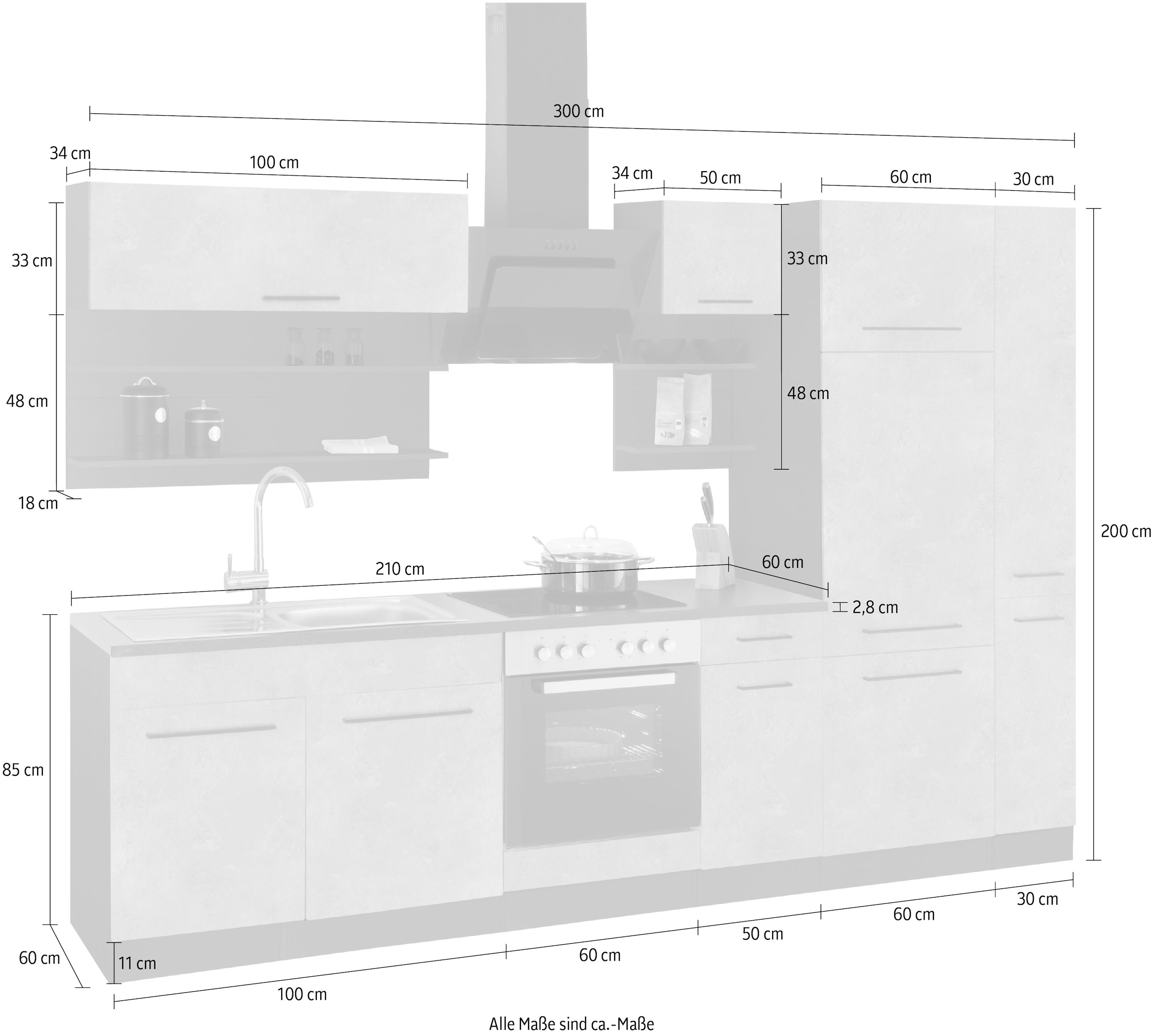 KOCHSTATION Küchenzeile »KS-Tulsa« ohne E-Geräte, Breite 300 cm, schwarze Metallgriffe, MDF Fronten
