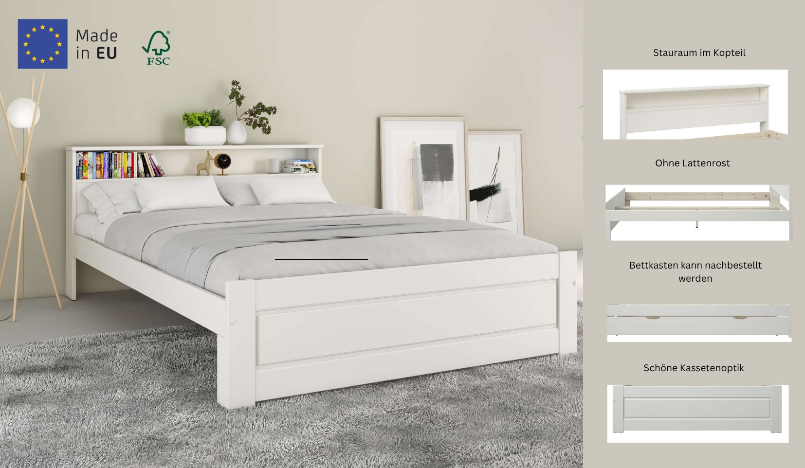 GOODproduct Lit en bois massif »FLAVION, TOPSELLER! Jugendbett, FSC® zertifizierte massive Kiefer« Largeur : 140,  Produit de qualité, étagère, aspect cassette, tiroir en option