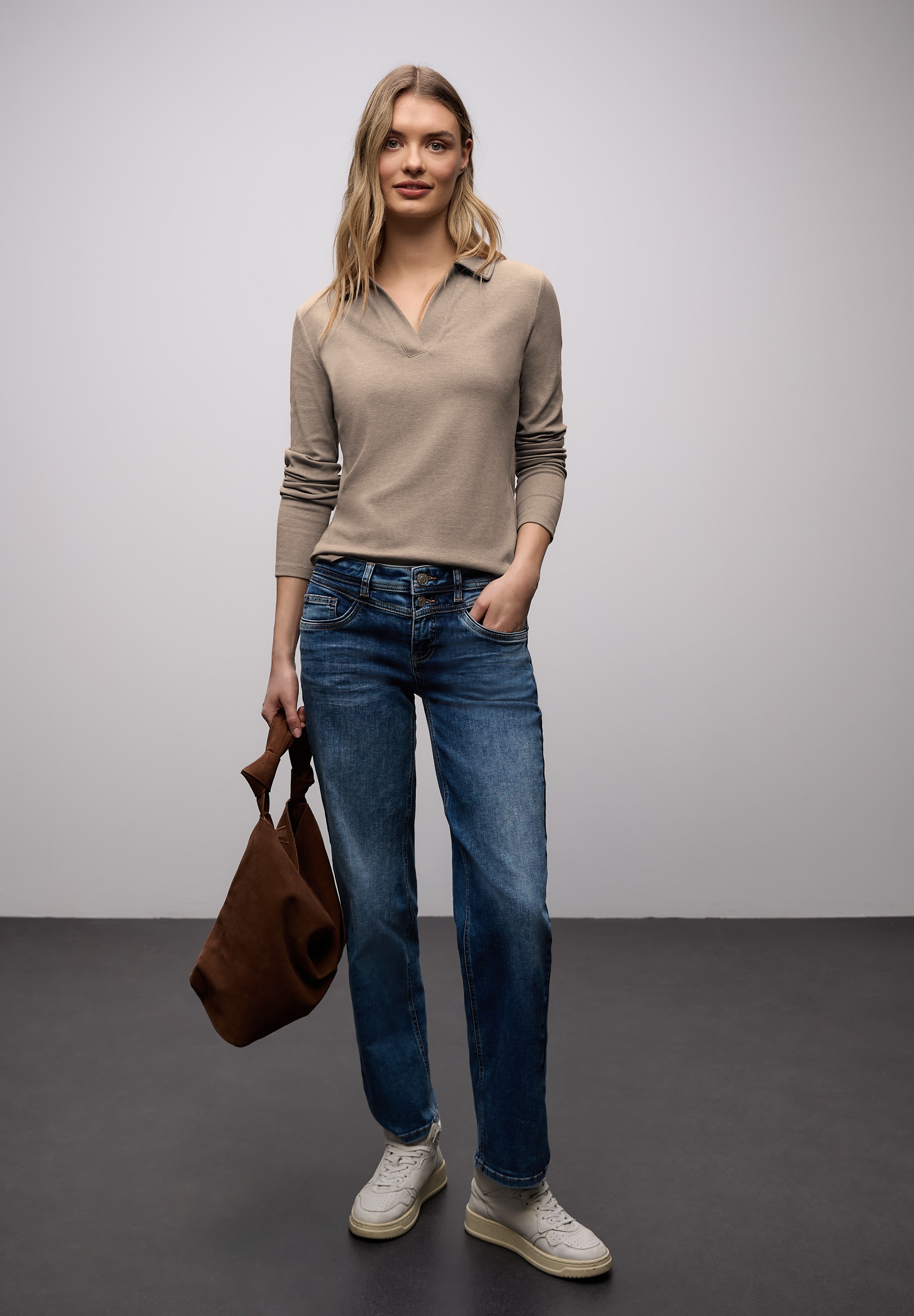 STREET ONE Langarm-Poloshirt in Melange-Optik und mit Ripp-Struktur