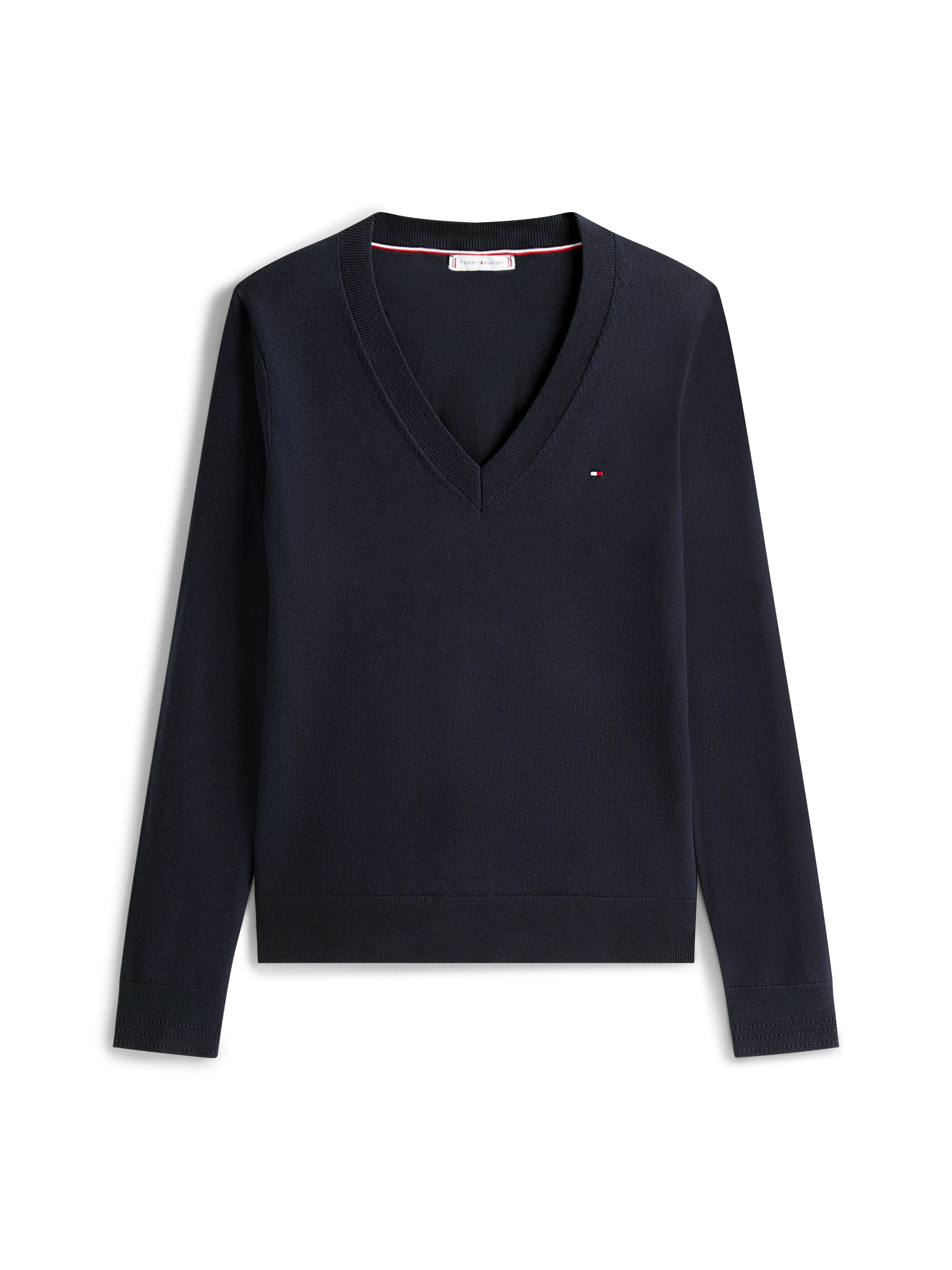 Tommy Hilfiger Pull col V »CO JERSEY STITCH V-NK SWEATER« Bandes contrastées à l'encolure et broderie logo sur la manche