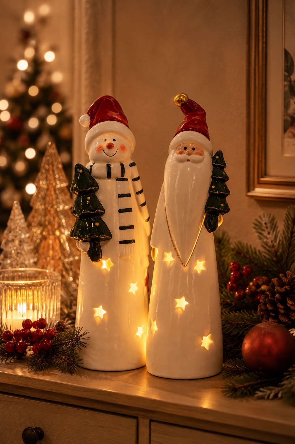 GOODproduct Porte-bougies à chauffe-plat »Deko Weihnachten Eeske, aus Porzellan detailreich bemalt« Père Noël et bonhomme de neige en lot de 2, chacun environ 31 cm de hauteur